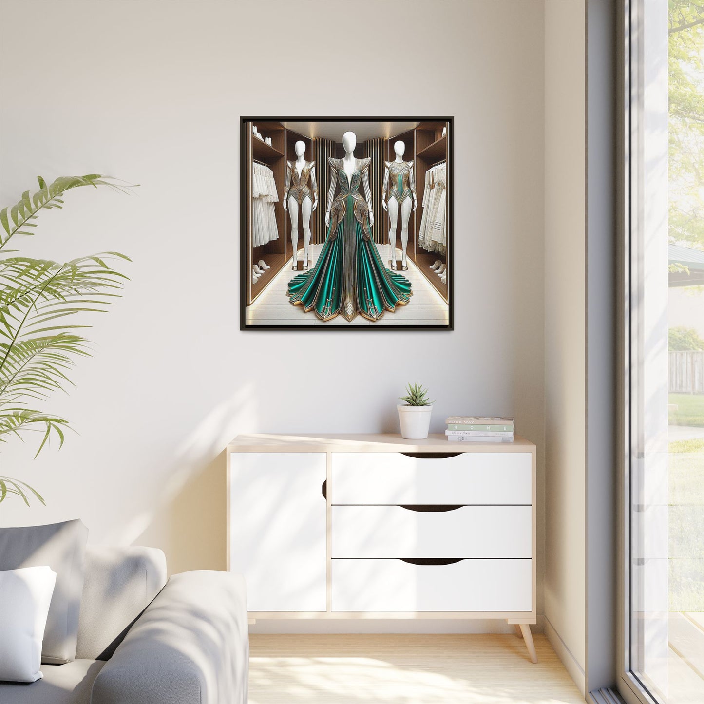 Futuristic Bodycon Runway Dress Framed Canvas Print Wall Art Unique Fashion Designer Style Haute Couture Fashionista Gift 3 Frame Colors