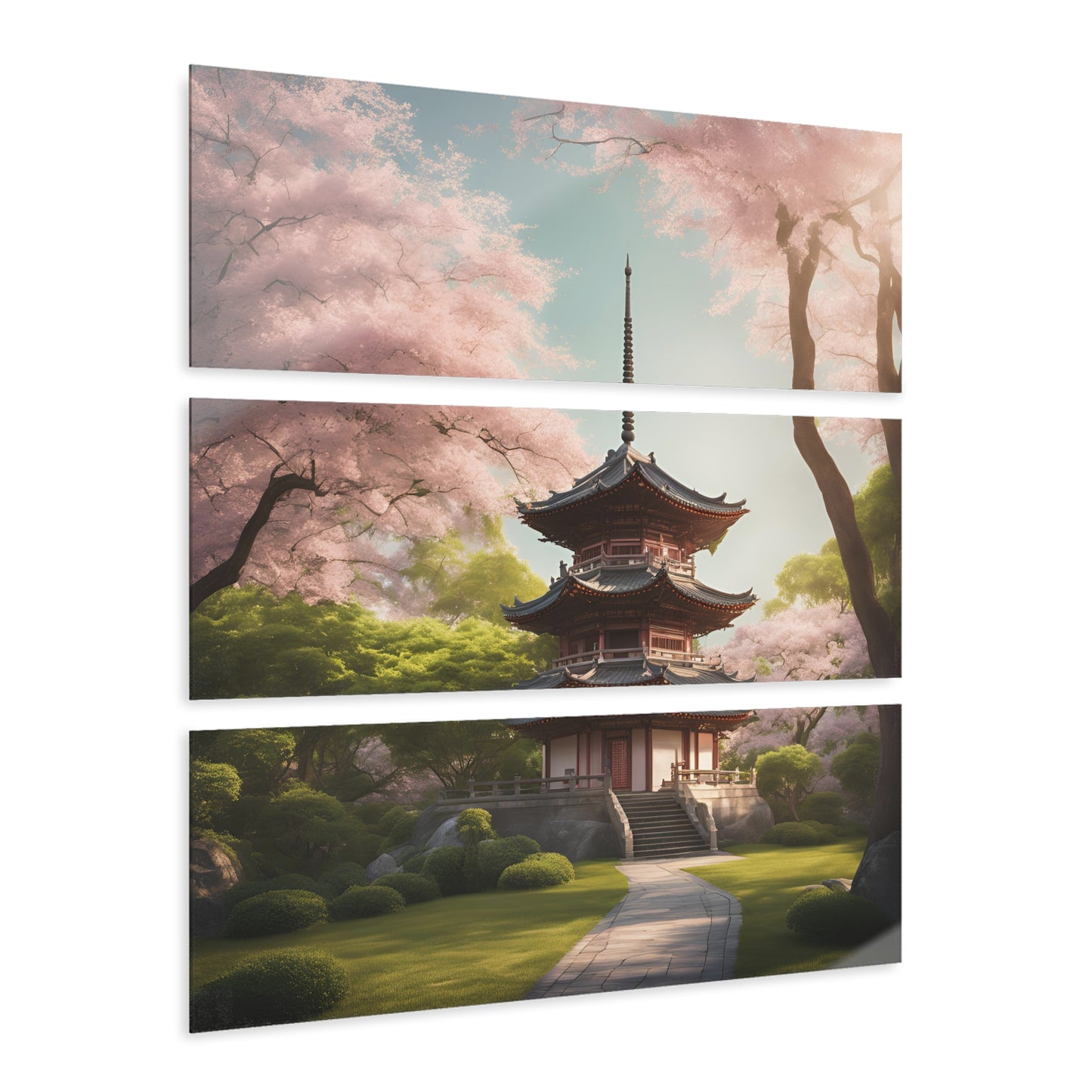 3-Panel Japanese Pagoda Style Home Design Triptych Acrylic Print Wall Art Plum Blossoms Nature Lover Gift Asian Art Home Decor Japanophile