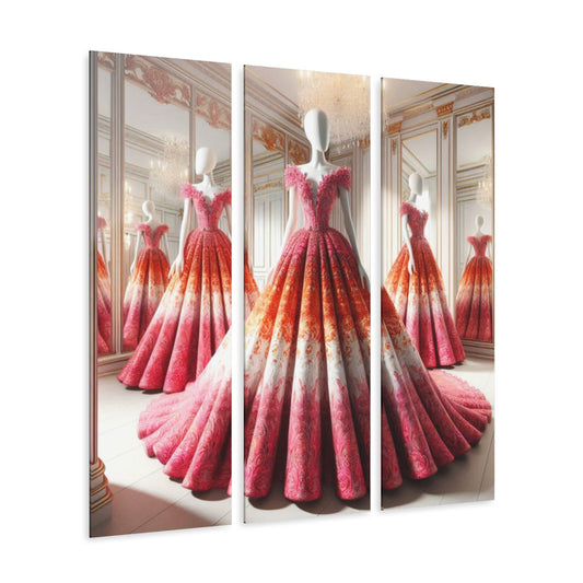 Fashion Formal Runway Damask Dress Design Triptych 3-Panel Acrylic Print Wall Art Unique Haute Couture Fashionista Vintage Style Decor