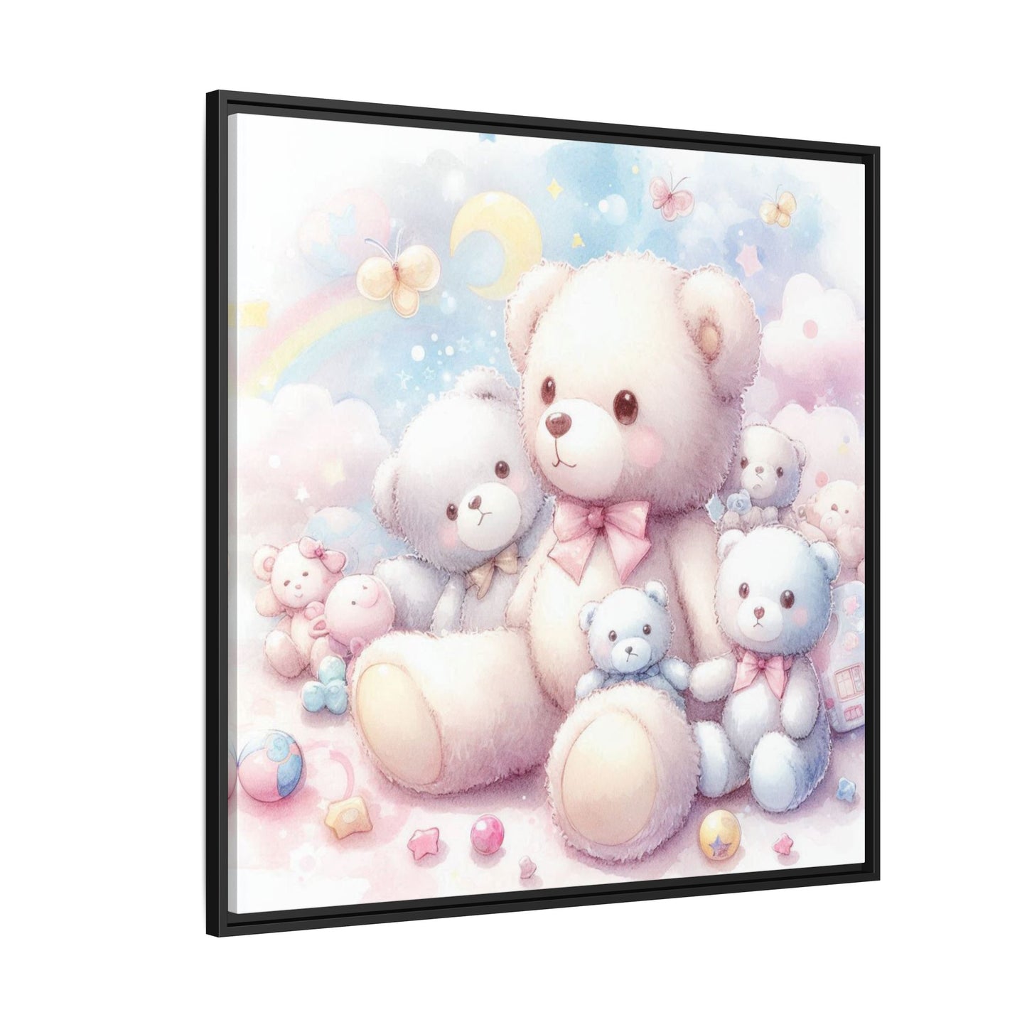 Whimsical Nursery Decor Pastel Floral Teddy Bear Design Wall Art Unique Sweet Baby Room Framed Canvas Print Unisex Baby Shower Gift