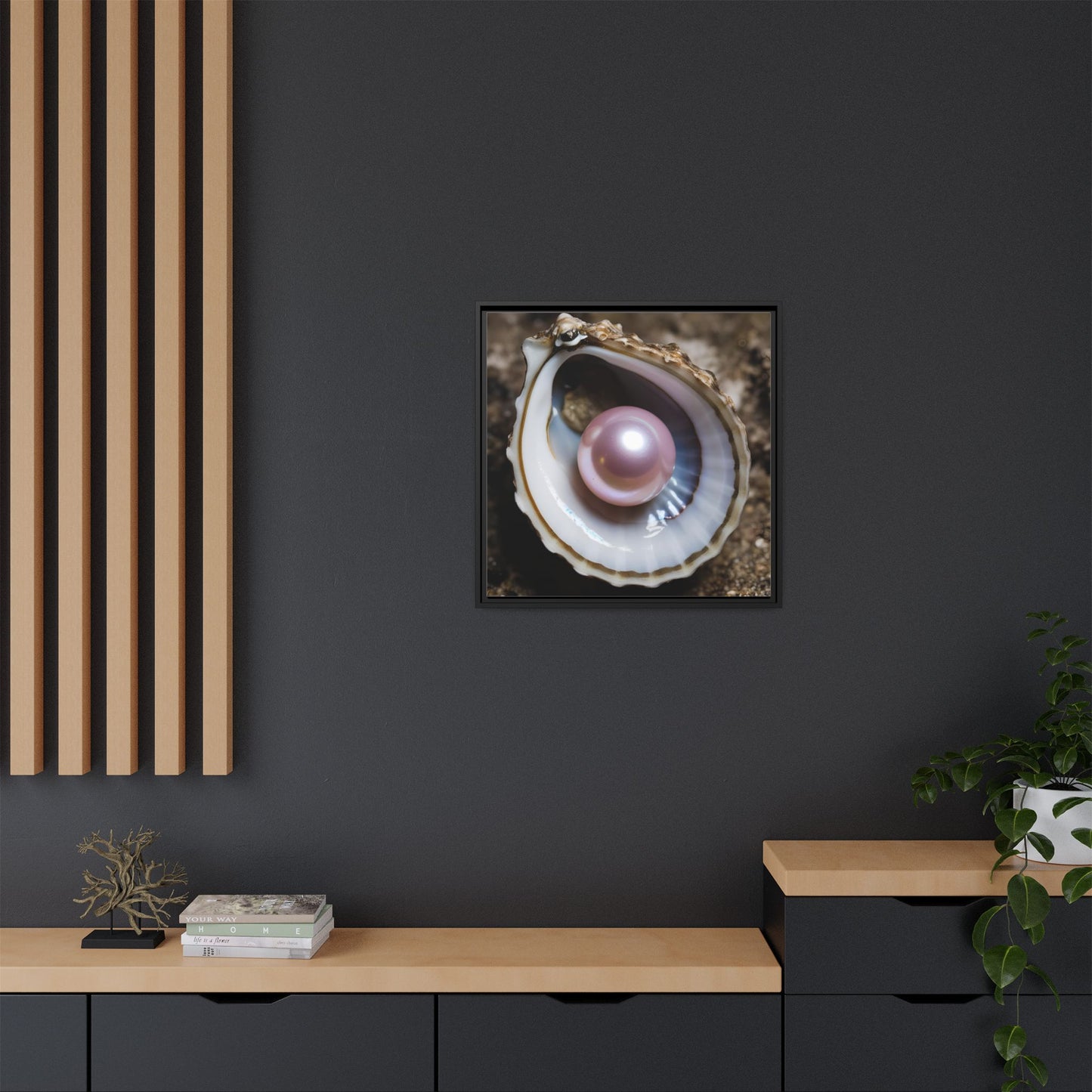 Pink Pearl in Oyster Shell Framed Canvas Wall Art Beach Lover Vacation Oceanic Gift Nature Lover Peaceful Zen Gift 3 frame colors