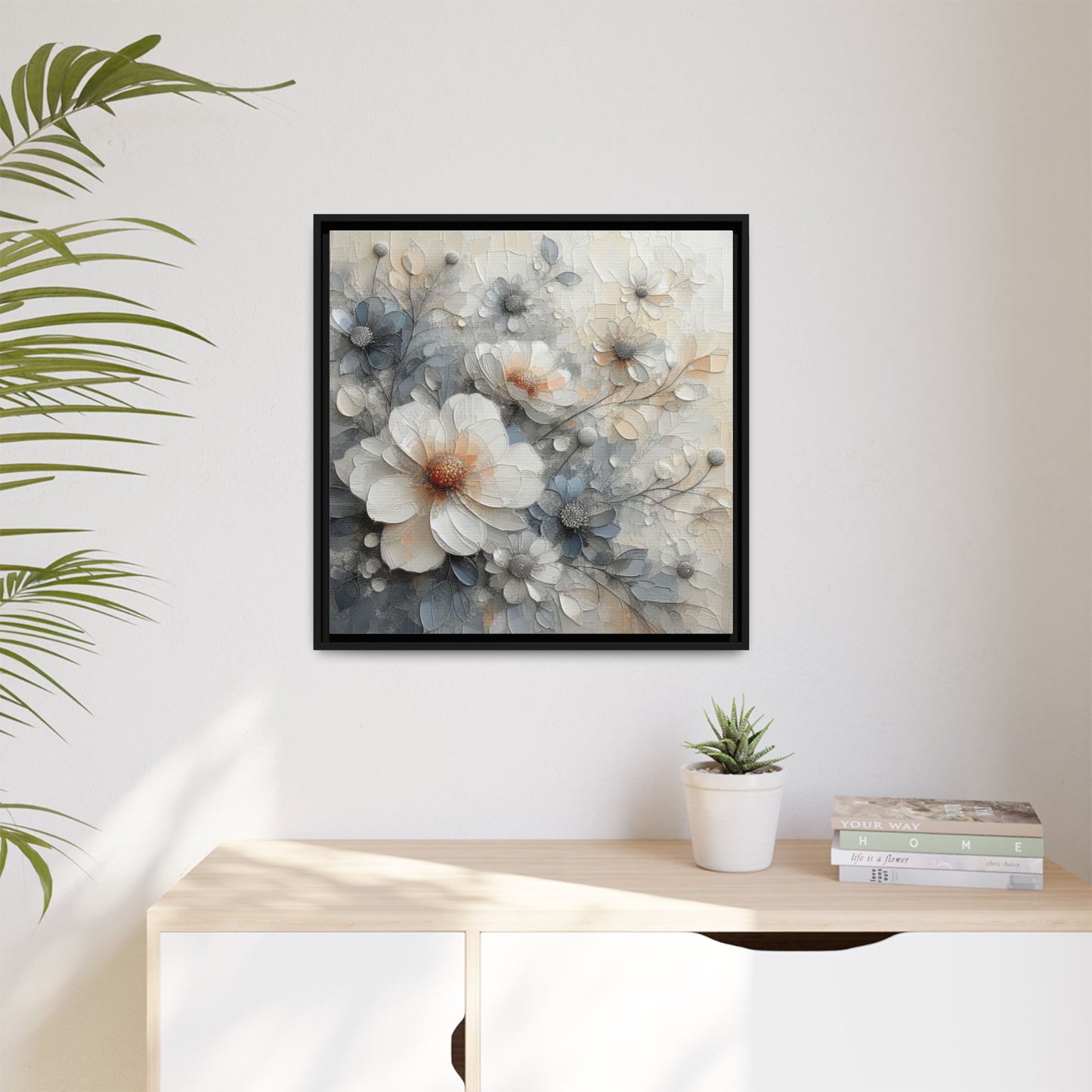 Modern Grey and White Floral Design Unique Framed Canvas Wall Art Flower Lover Gift Nature Lover Gift 3 frame colors