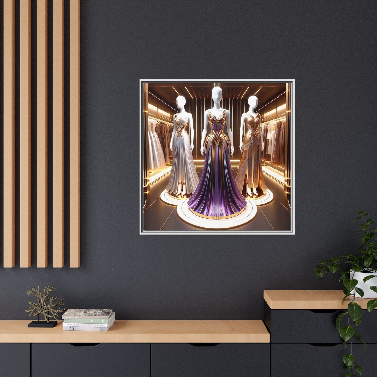 Futuristic Bodycon Runway Dress Framed Canvas Print Wall Art Unique Fashion Designer Style Haute Couture Fashionista Gift 3 Frame Colors