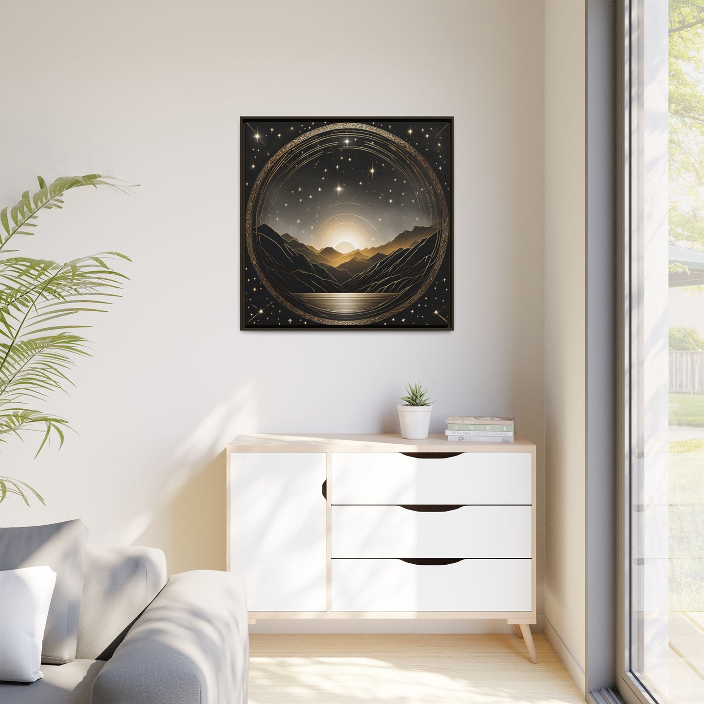 Boho Celestial Design Unique Framed Canvas Wall Art Sun and Stars Astrological Gift Nature Lover Gift Astronomy Gift 3 frame color choices