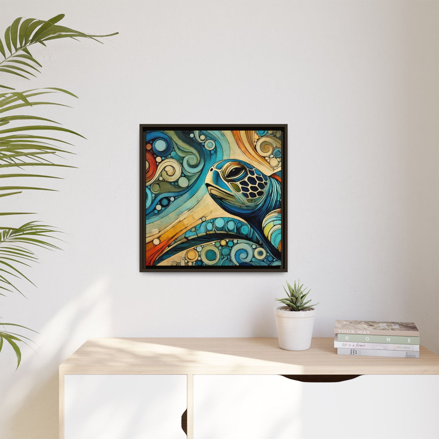 Modern Sea Turtle Print Abstract Design Unique Framed Canvas Print Oceanic Wall Art Animal Lover Gift Nature Lover Decor 3 frame colors