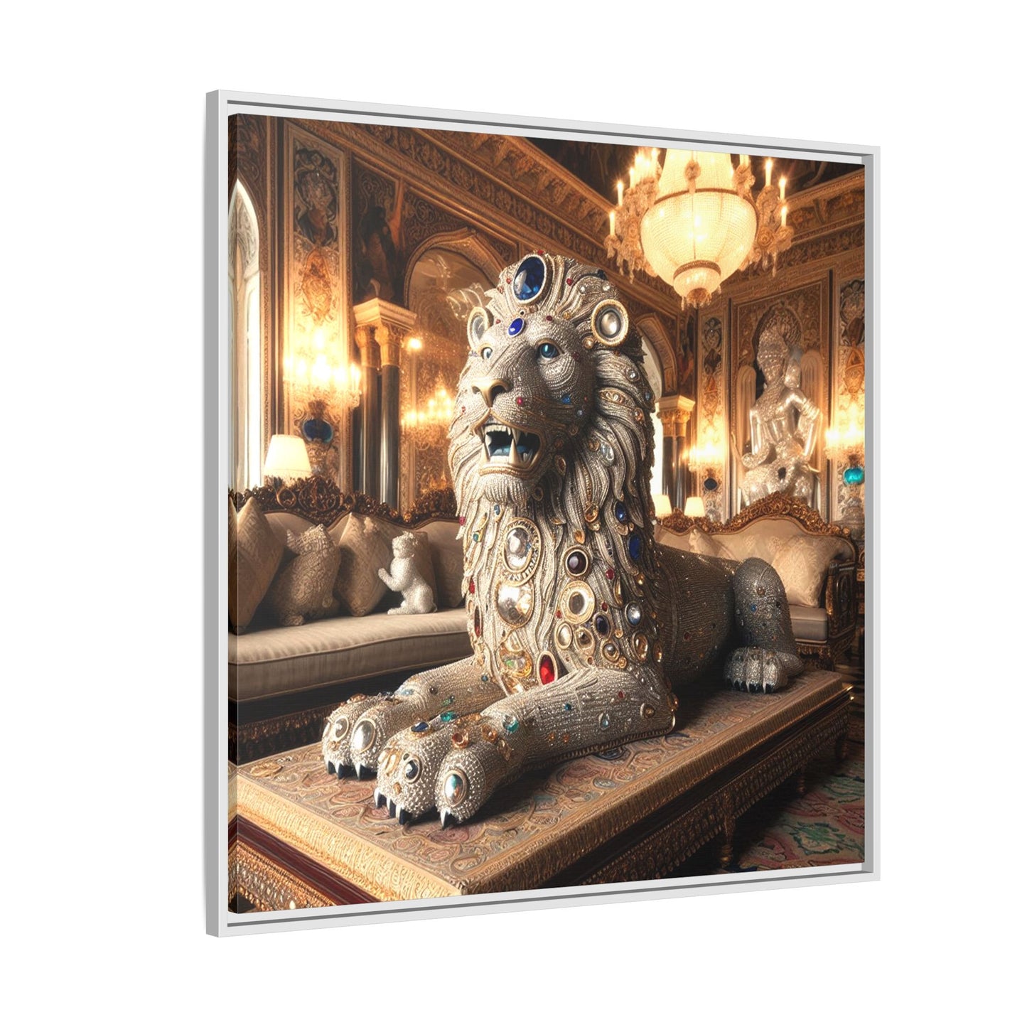 Bejeweled Lion Framed Canvas Print Wall Art Unique Fashion Designer Haute Couture Fashionista Animal Lover Gift Decor 3 Frame Colors