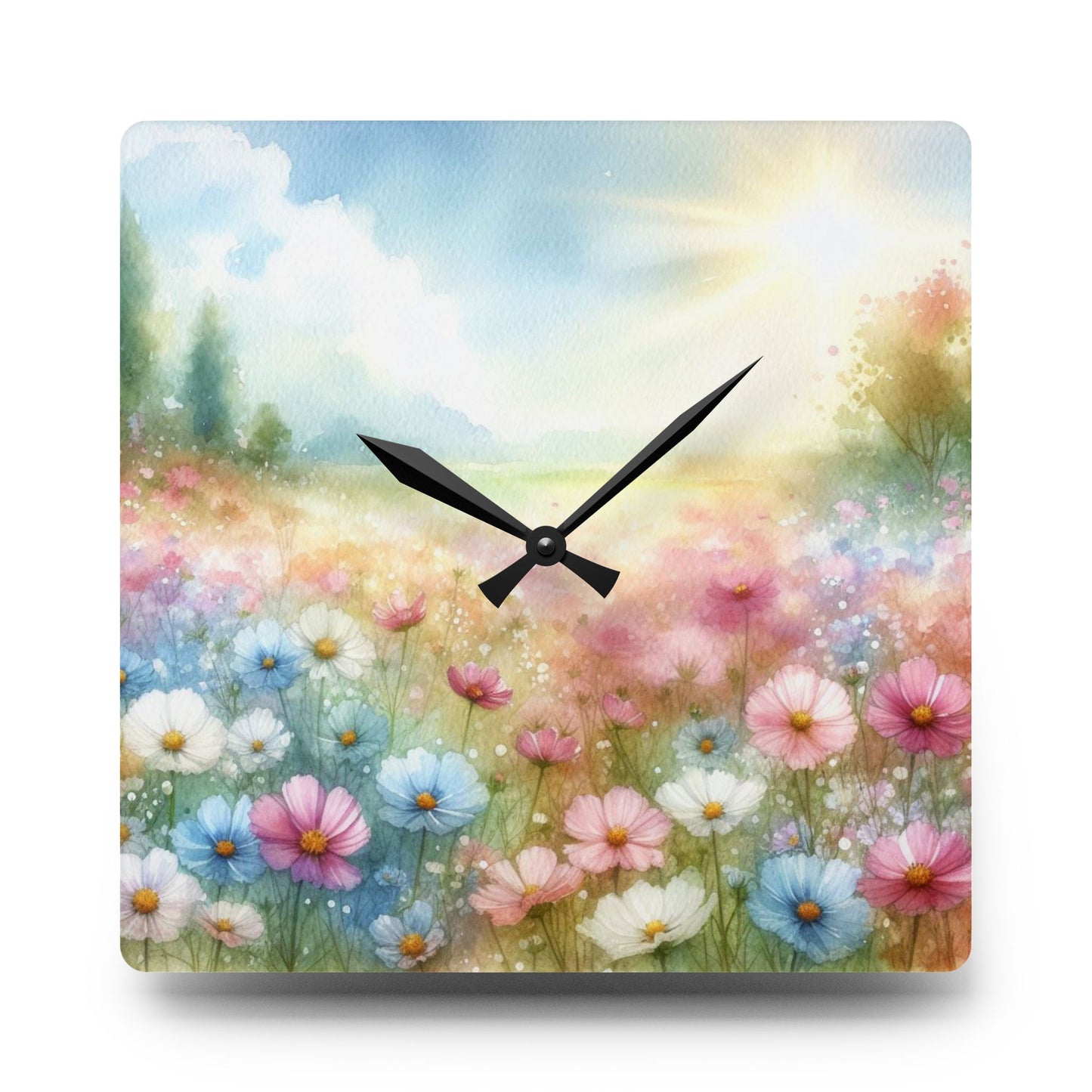 Pastel Floral Design Acrylic Clock Unique Colorful Wall Clock for Kitchen or Living Room Nature Lover Field of Flowers Gardener Gift
