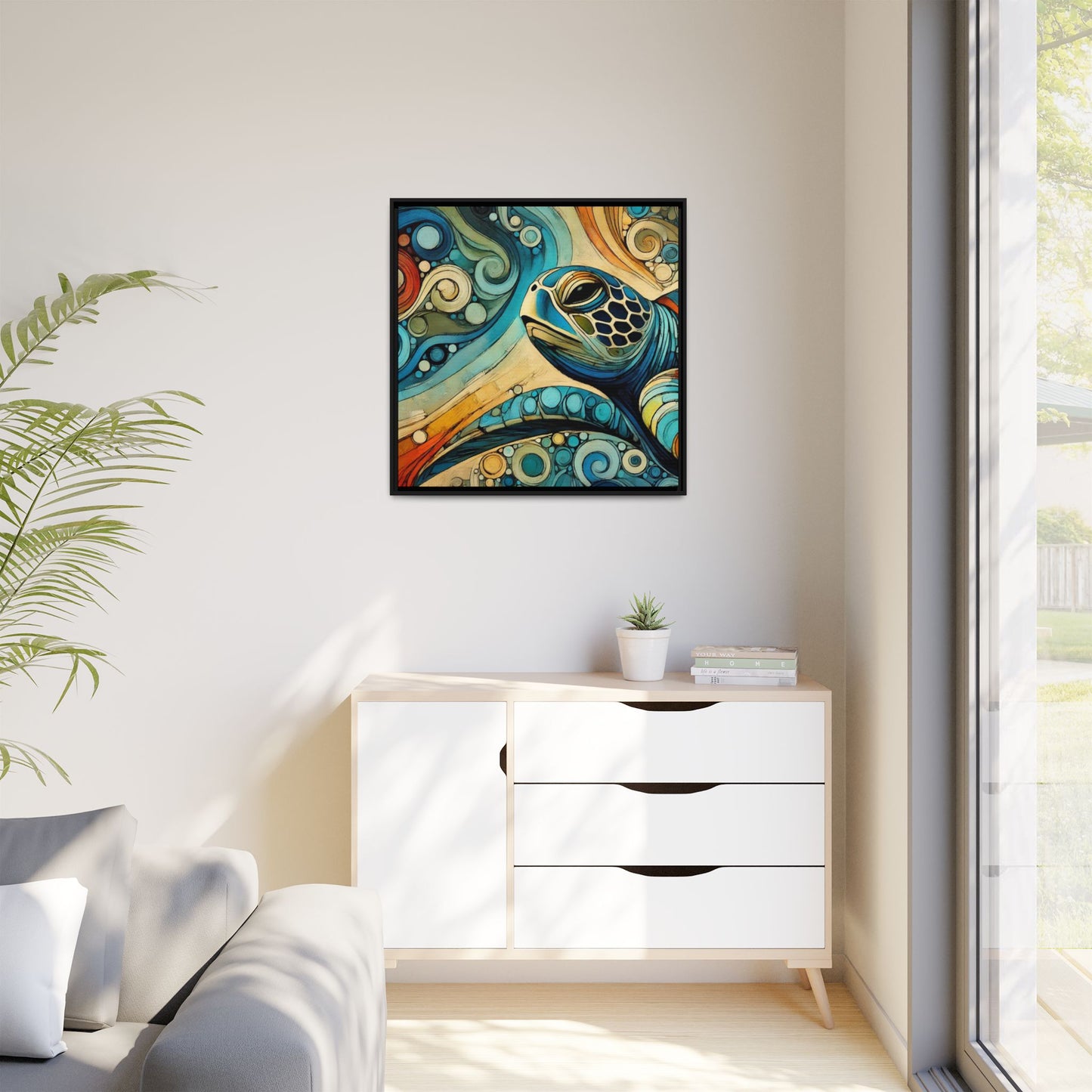 Modern Sea Turtle Print Abstract Design Unique Framed Canvas Print Oceanic Wall Art Animal Lover Gift Nature Lover Decor 3 frame colors