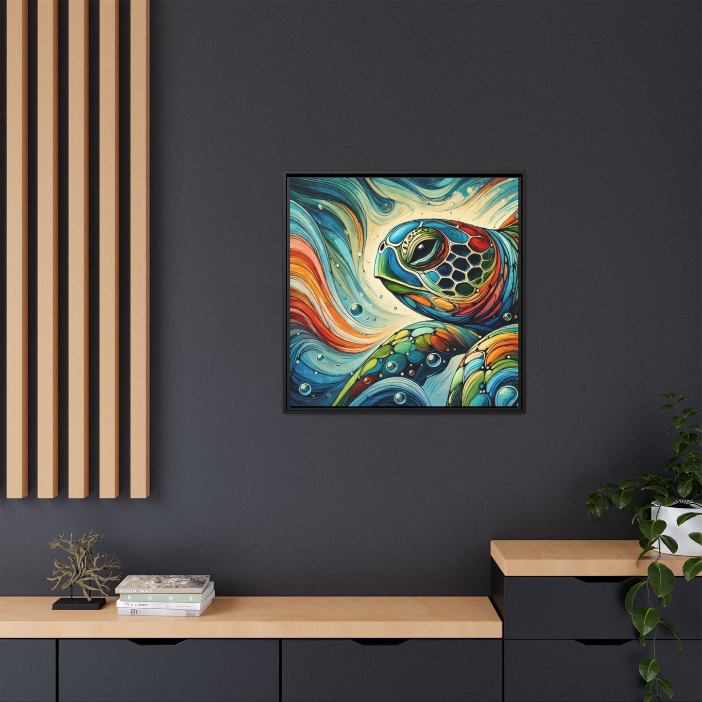 Modern Sea Turtle Print Abstract Design Unique Framed Canvas Print Oceanic Wall Art Animal Lover Gift Nature Lover Decor 3 frame colors