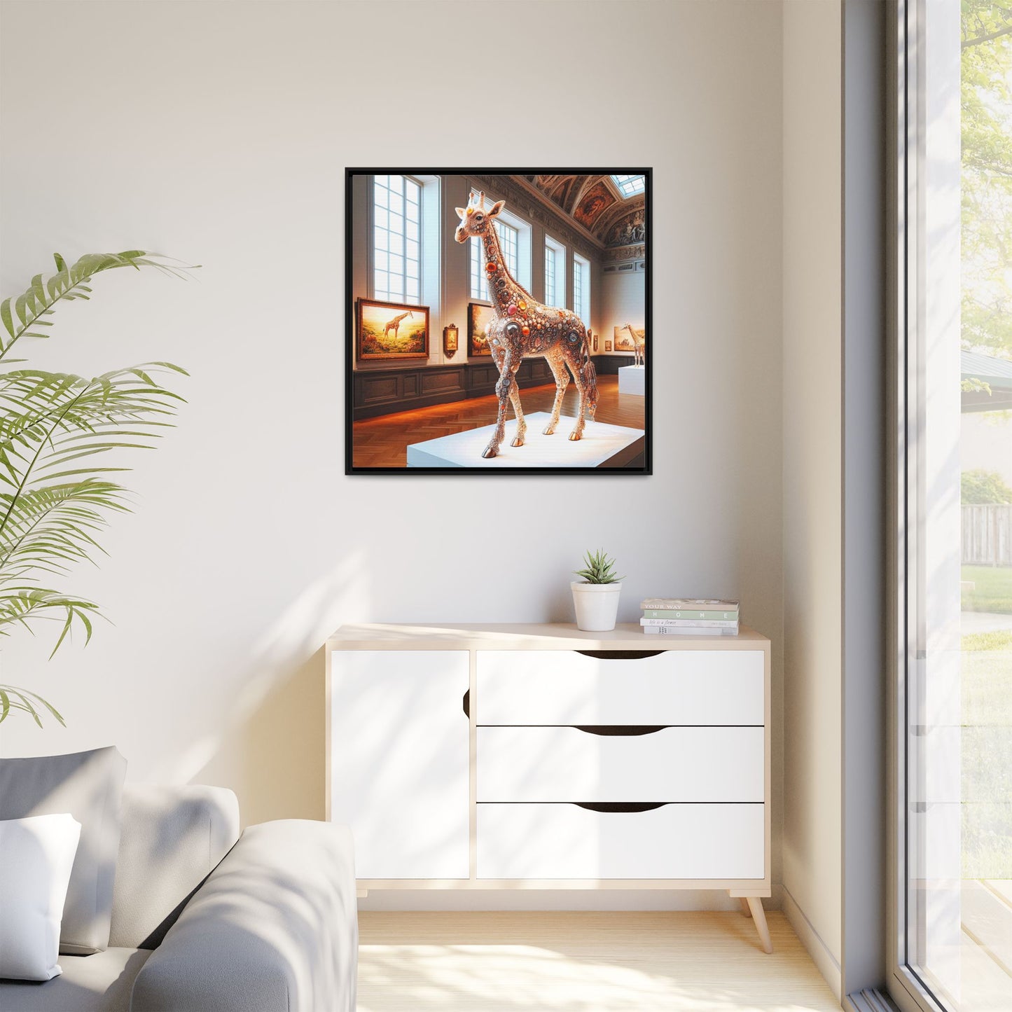 Bejeweled Giraffe Framed Canvas Print Wall Art Unique Fashion Designer Haute Couture Fashionista Animal Lover Gift Decor 3 Frame Colors