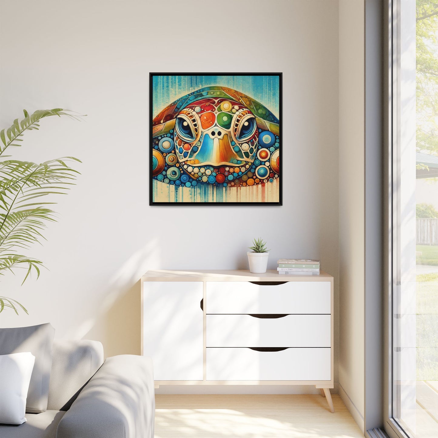 Modern Sea Turtle Print Abstract Design Unique Framed Canvas Print Oceanic Beachy Wall Art Animal Lover Nature Lover Decor 3 frame colors
