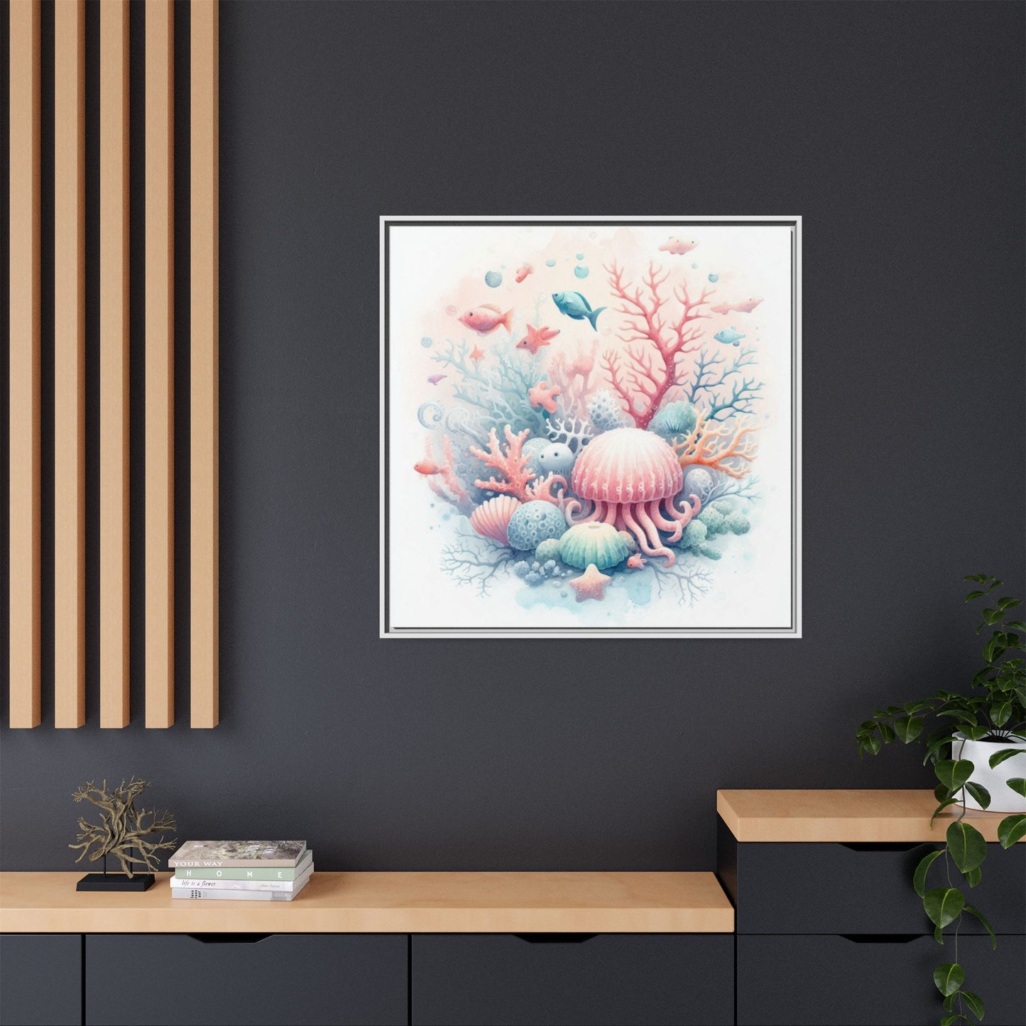 Whimsical Nursery Decor Pastel Underwater Design Unique Sweet Baby Room Framed Canvas Ocean Fish Print Unisex Baby Shower Sea Urchin Gift