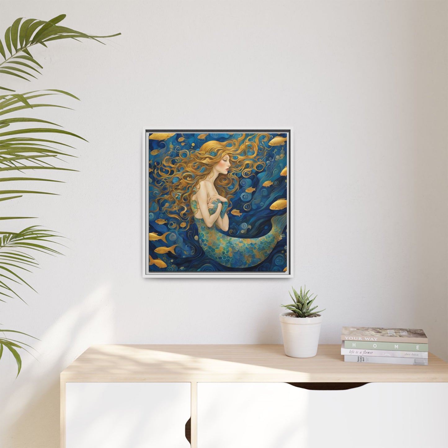 Modern Abstract Mermaid Design Unique Framed Canvas Oceanic Wall Art Underwater Gold Fish Anime Gift Nature Lover Gift 3 frame colors