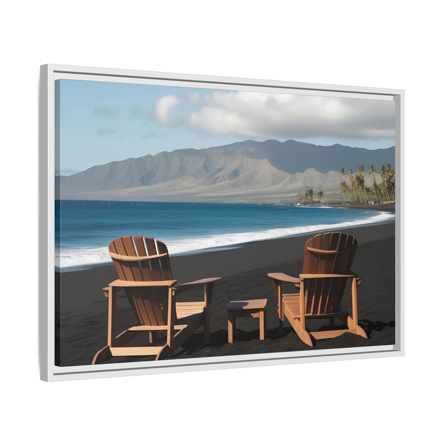 Chairs on the Maui Black Sand Beach Print Unique Framed Canvas Print Wall Art Gift Beachy Nature Lover Ocean Waves Decor 3 frame colors