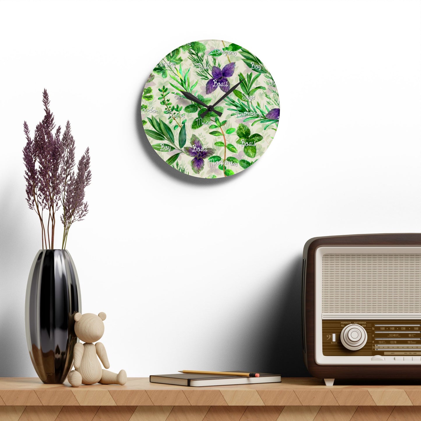 Herb Garden Design Acrylic Clock Unique Colorful Wall Clock for Kitchen or Living Room Nature Lover Field of Flowers Gardener Gift