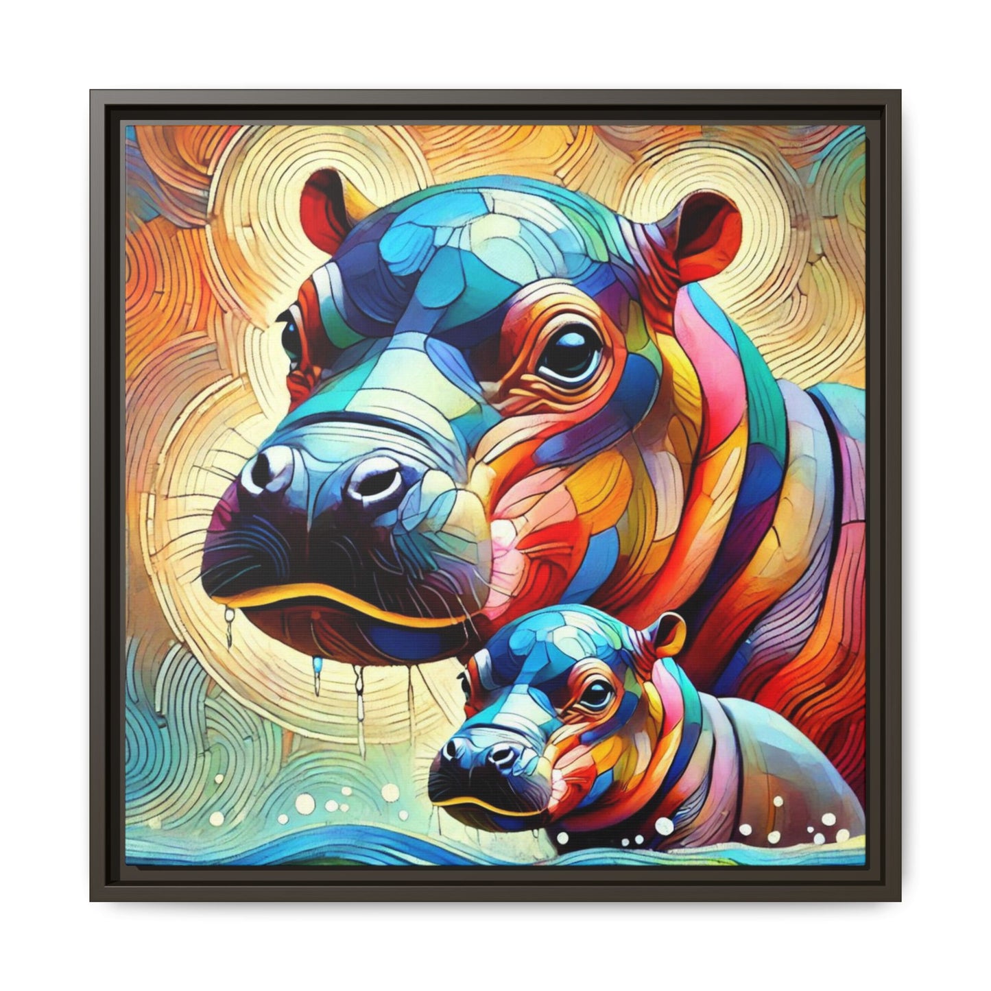 Modern Hippo Print Abstract Design Unique Framed Canvas Print Baby Hippo Wall Art Animal Lover Gift Nature Lover Decor 3 frame colors