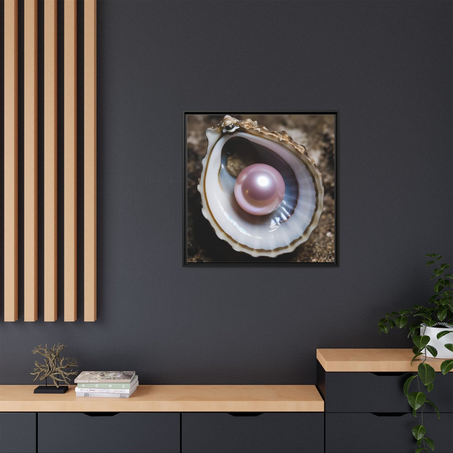 Pink Pearl in Oyster Shell Framed Canvas Wall Art Beach Lover Vacation Oceanic Gift Nature Lover Peaceful Zen Gift 3 frame colors