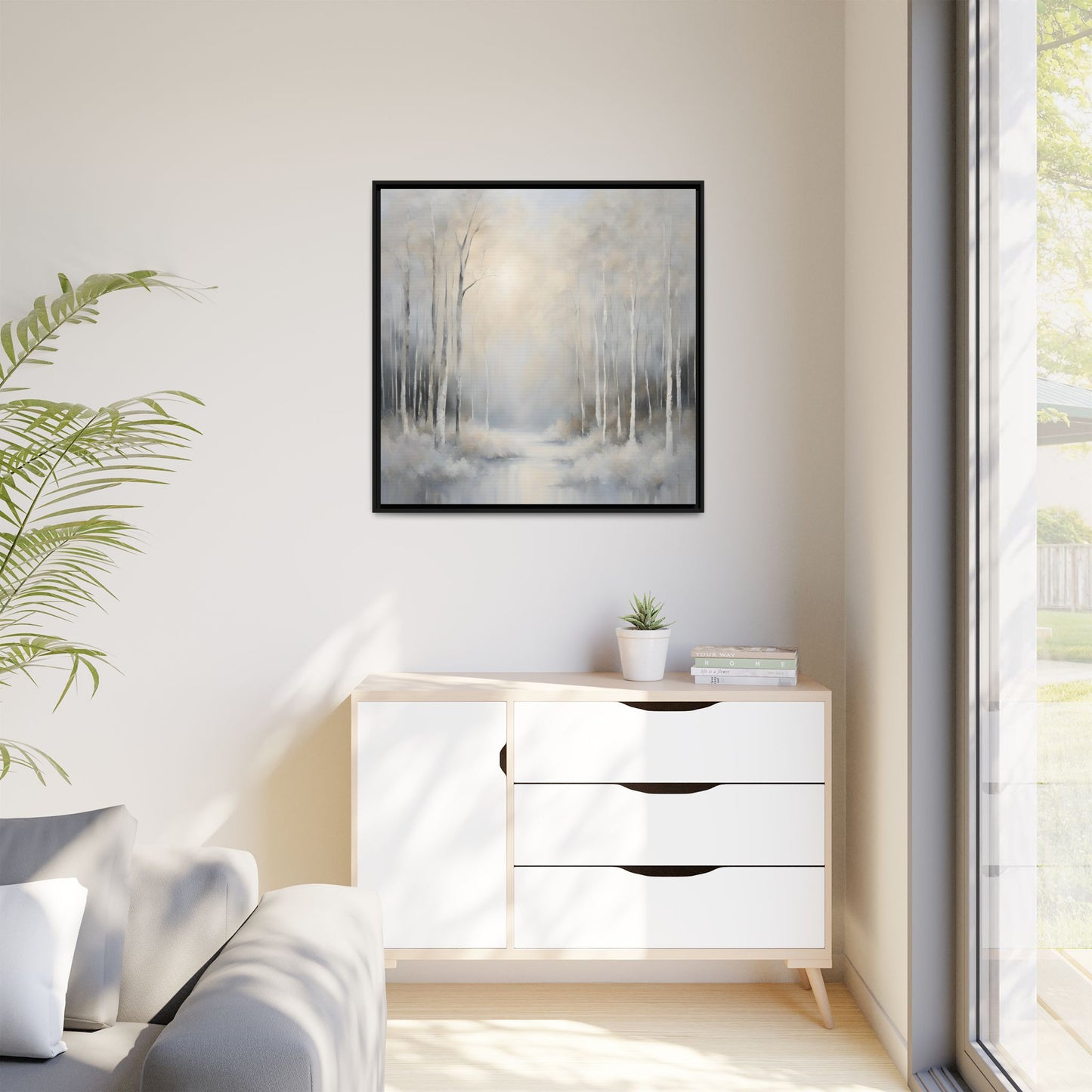 Modern Abstract White Forest Design Unique Framed Canvas Wall Art Ocean Beach Gift Nature Lover Gift 3 frame colors