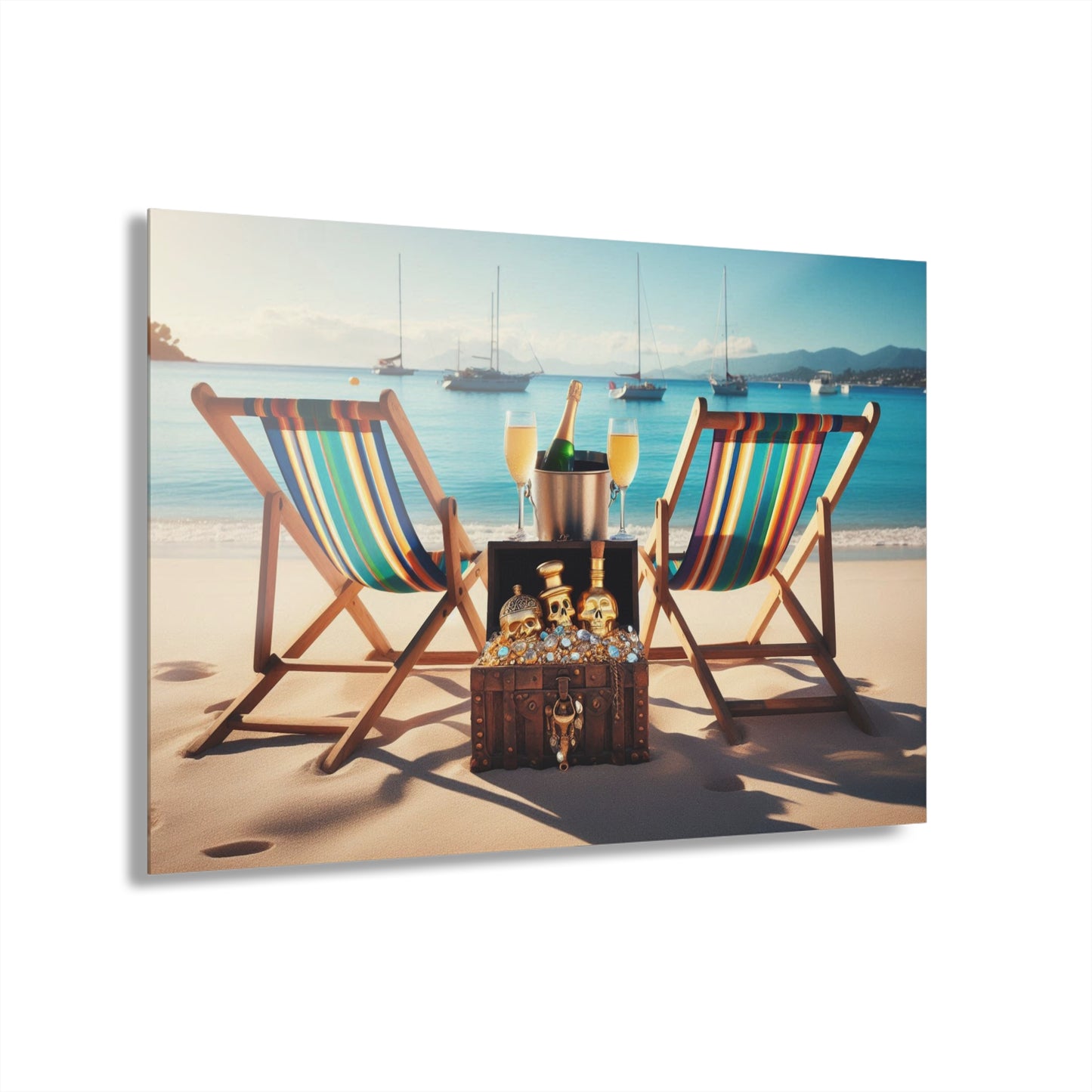 Chairs on the Beach with Pirate's Treasure Acrylic Print with Sailboats in the Ocean Lover Wall Art Beachy Gift Artwork Modern Home Decor