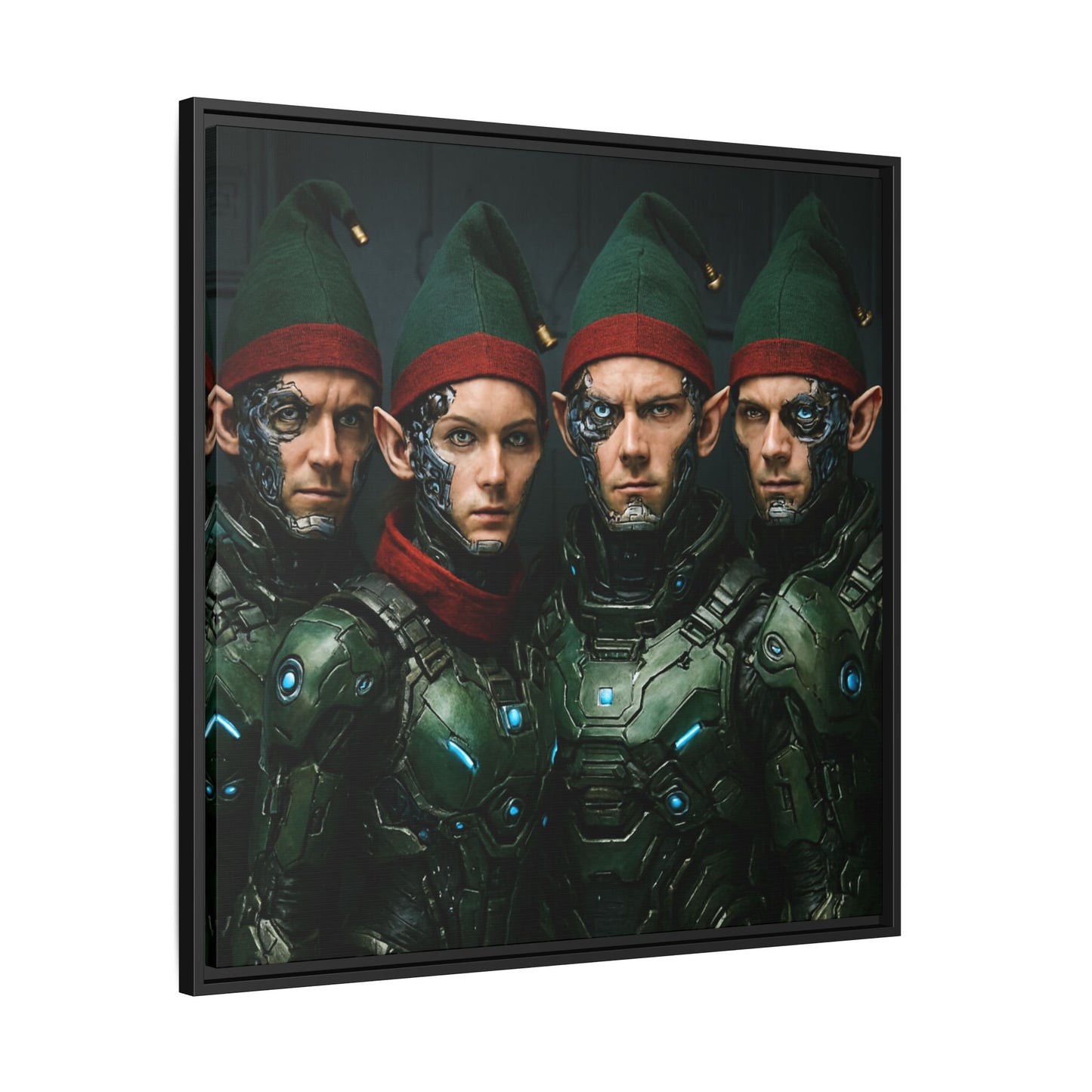 Cyber-Elves Print Modern AI Elf Design Unique Framed Canvas Sci-Fi Print Funny Christmas Elf Wall Art Gamer Gift Decor 3 frame colors