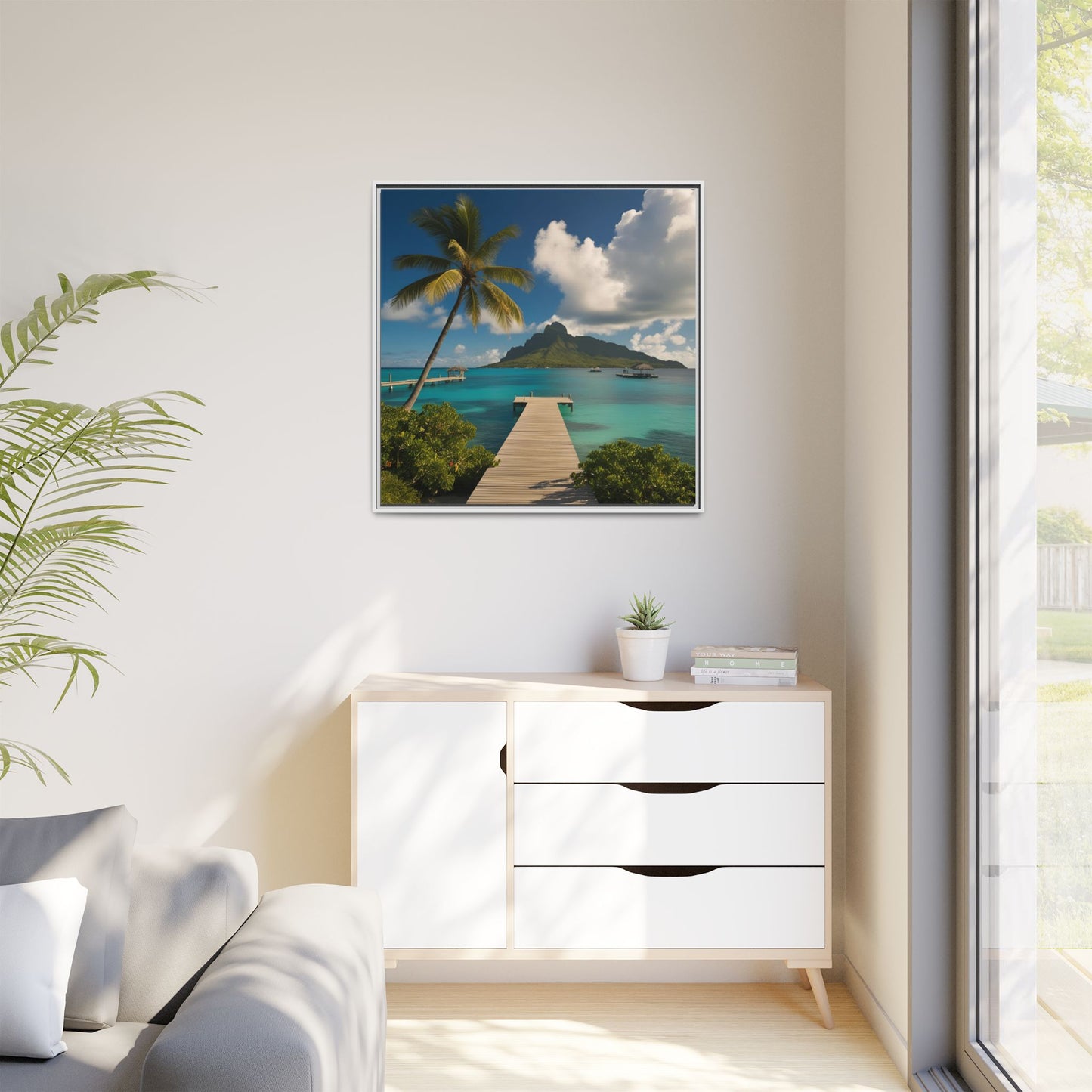 Tropical Island Calm Sunny Day Framed Canvas Wall Art Volcano Beach Vacation Oceanic Gift Nature Lover Peaceful Zen Gift 3 frame colors