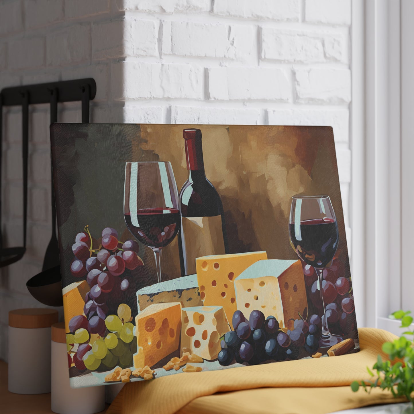 Kitchen Decor Glass Cutting Board Serving Tray with Wine and Cheese Design Cutting Board Gift for Home Cook Charcuterie Board