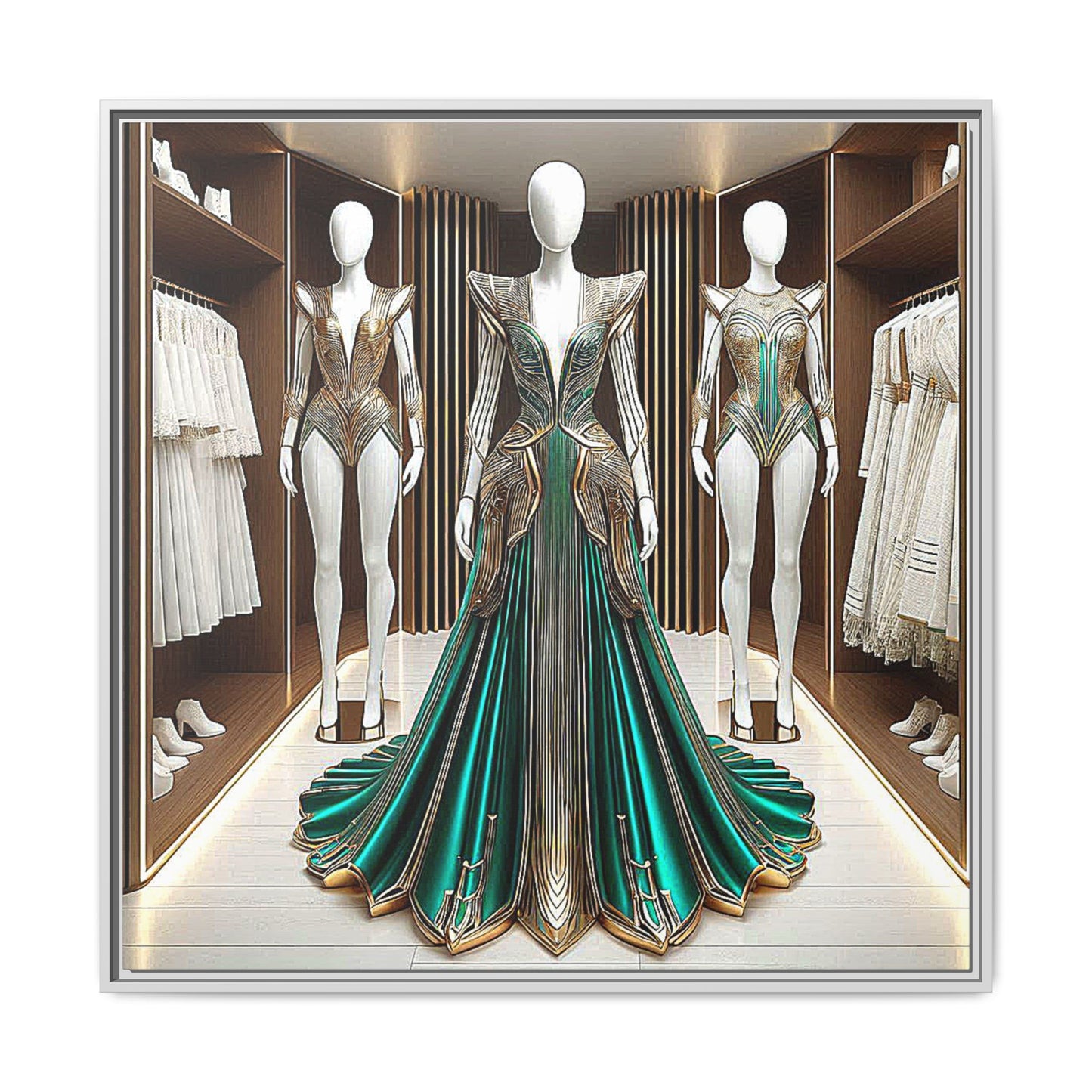 Futuristic Bodycon Runway Dress Framed Canvas Print Wall Art Unique Fashion Designer Style Haute Couture Fashionista Gift 3 Frame Colors