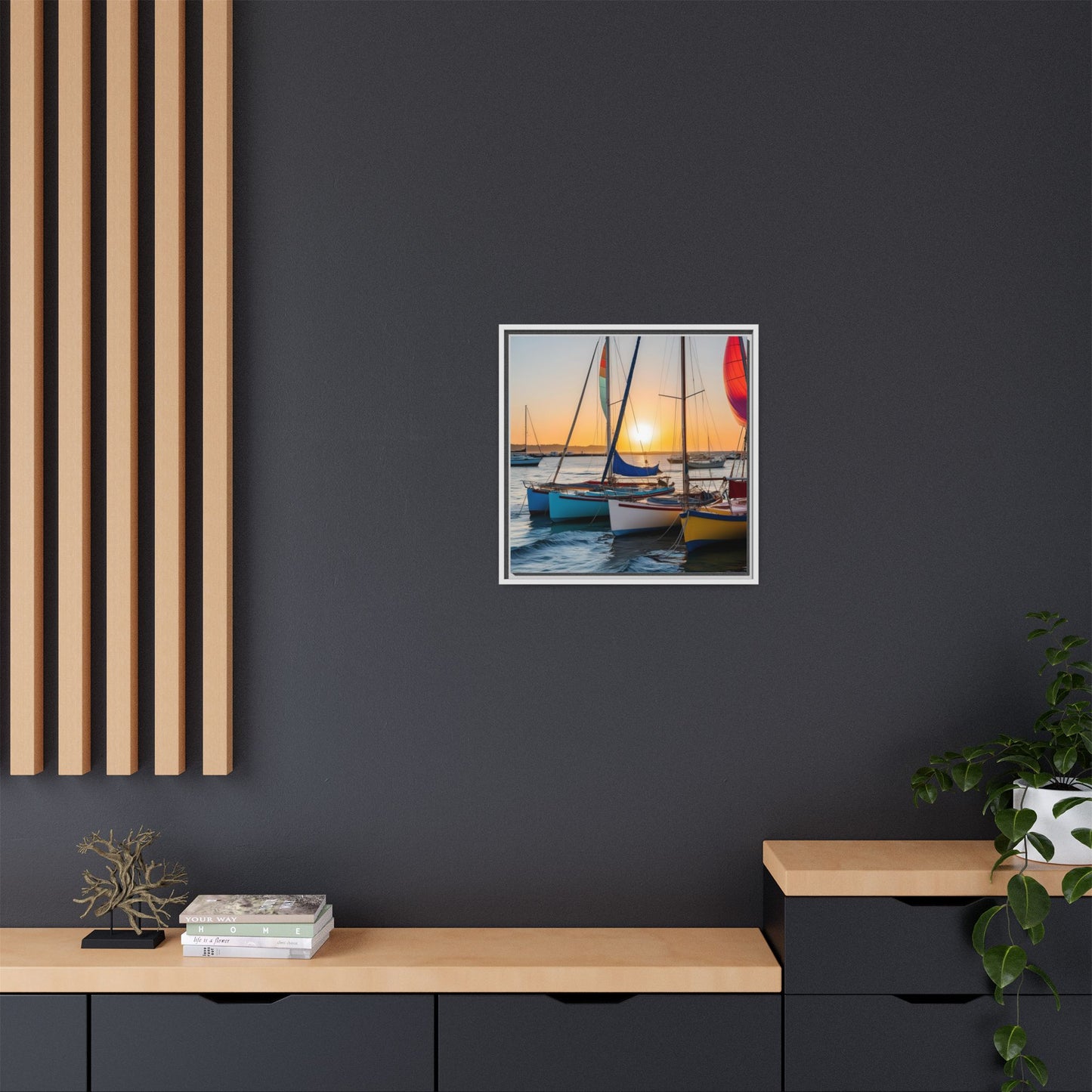 Sailboats at Sunset in Harbor Framed Canvas Wall Art Beach Lover Vacation Oceanic Gift Nature Lover Peaceful Zen Sunrise Art 3 frame colors