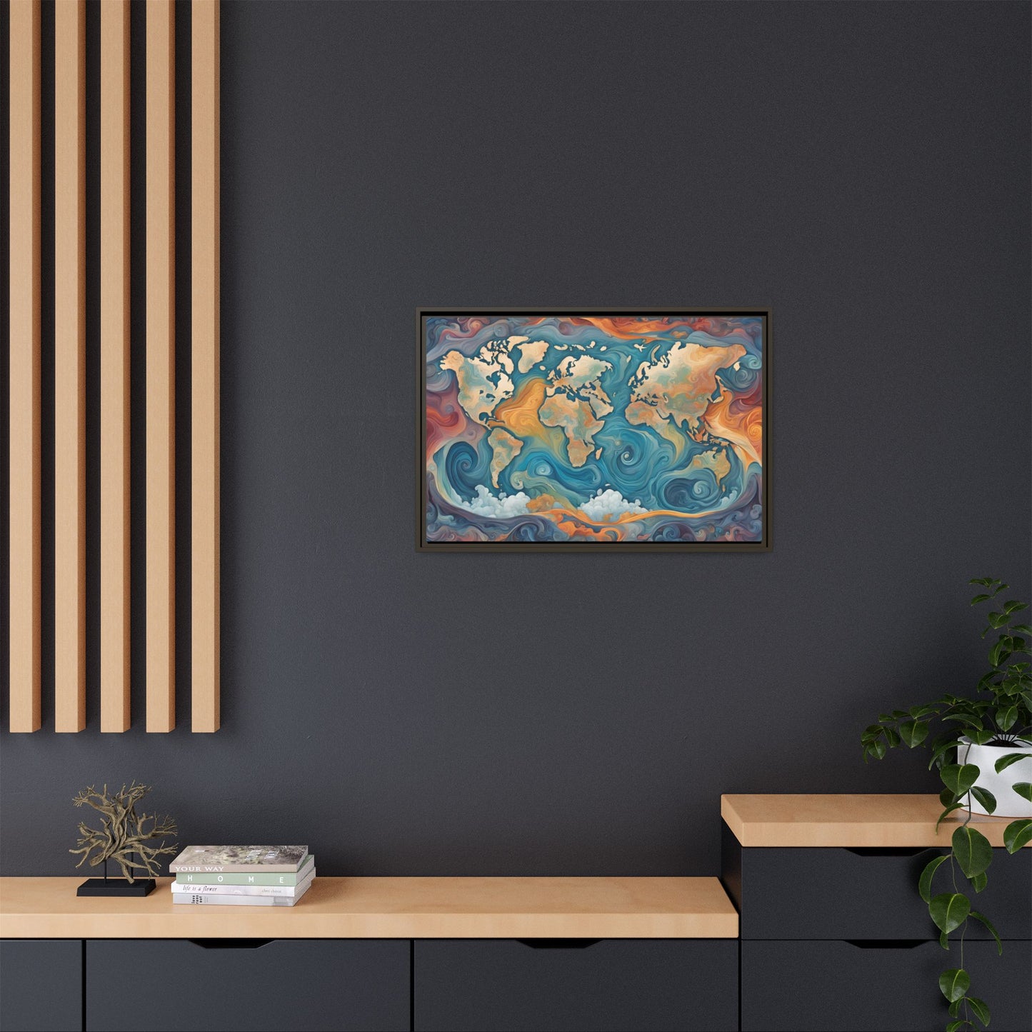 Modern Swirl Art Style Colorful Global World Map Print Matte Canvas Wall Art 3 frame colors to choose from