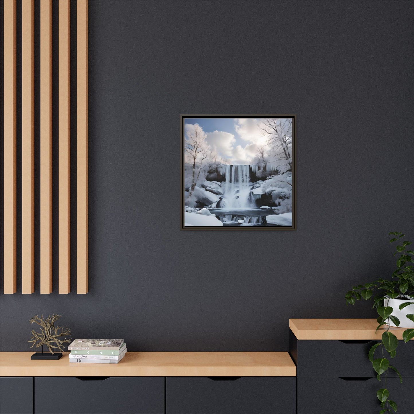 Modern Snowy Waterfall Design Unique Framed Canvas Wall Art Winter Scene Nature Lover Gift Mountain Landscape Decor Gift 3 frame colors