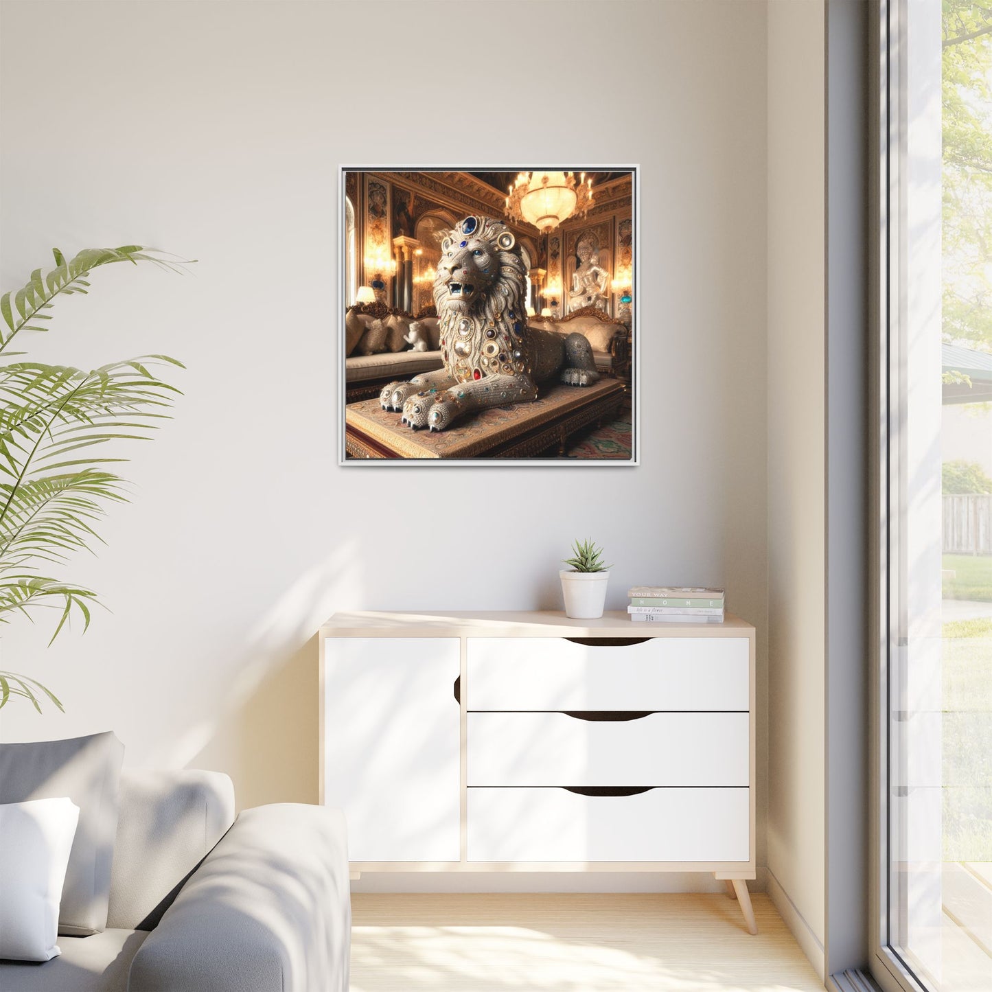 Bejeweled Lion Framed Canvas Print Wall Art Unique Fashion Designer Haute Couture Fashionista Animal Lover Gift Decor 3 Frame Colors