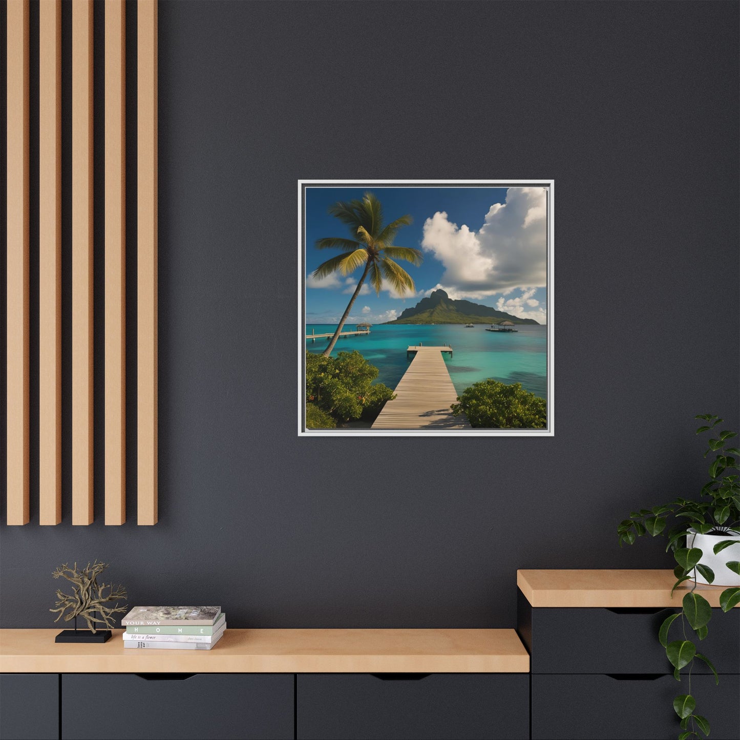 Tropical Island Calm Sunny Day Framed Canvas Wall Art Volcano Beach Vacation Oceanic Gift Nature Lover Peaceful Zen Gift 3 frame colors