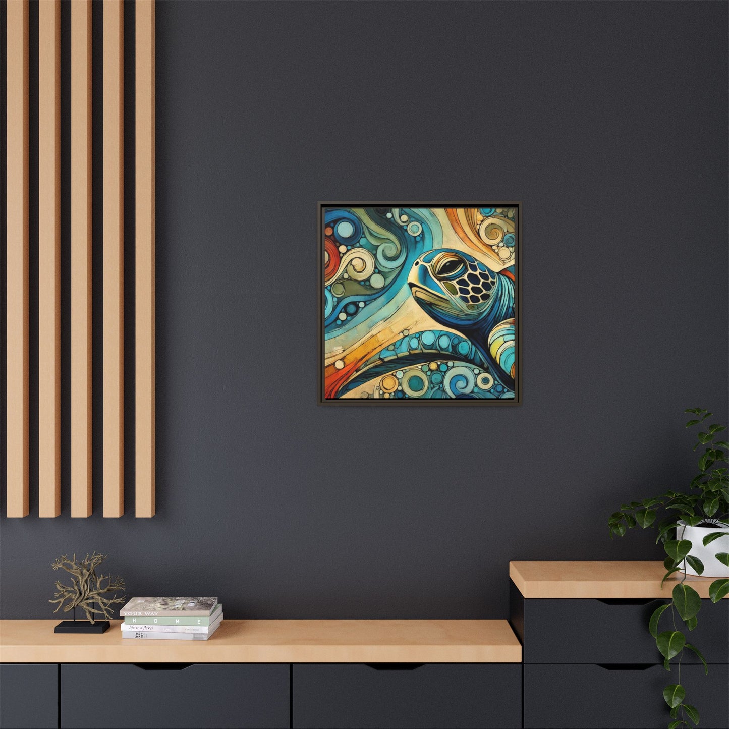 Modern Sea Turtle Print Abstract Design Unique Framed Canvas Print Oceanic Wall Art Animal Lover Gift Nature Lover Decor 3 frame colors