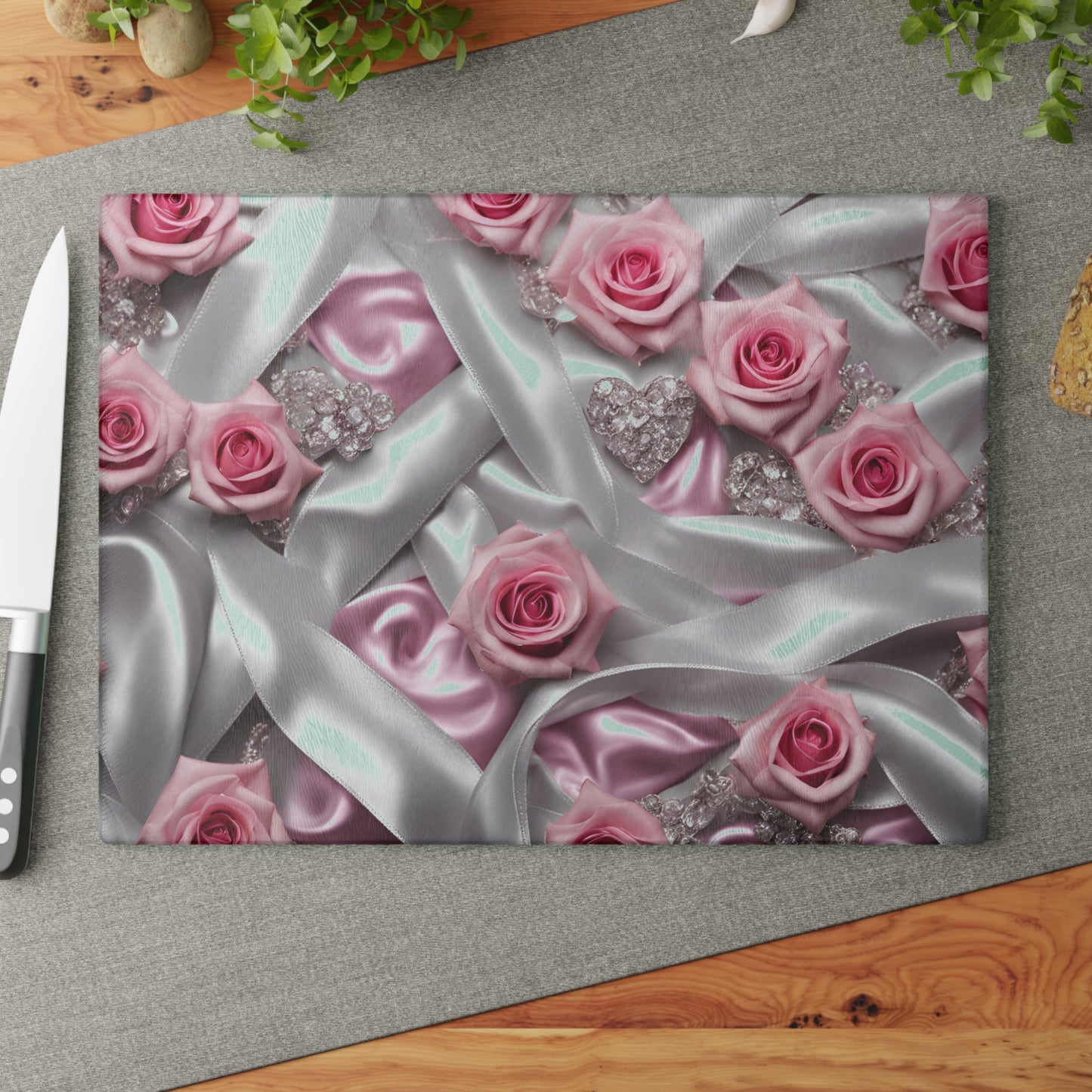 Kitchen Decor Glass Cutting Board Serving Tray with Rose Design Satin Ribbon Pattern Cutting Board Gift for Home Cook Charcuterie Board