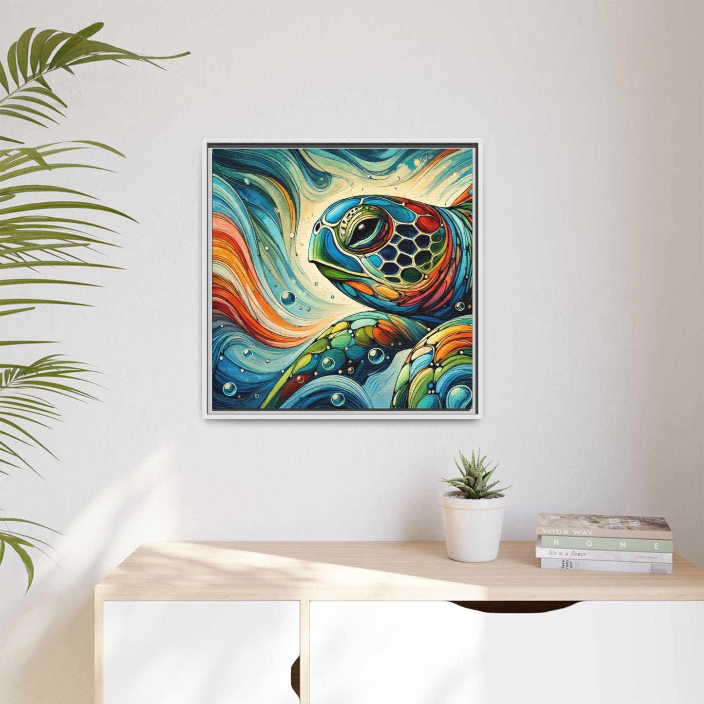 Modern Sea Turtle Print Abstract Design Unique Framed Canvas Print Oceanic Wall Art Animal Lover Gift Nature Lover Decor 3 frame colors