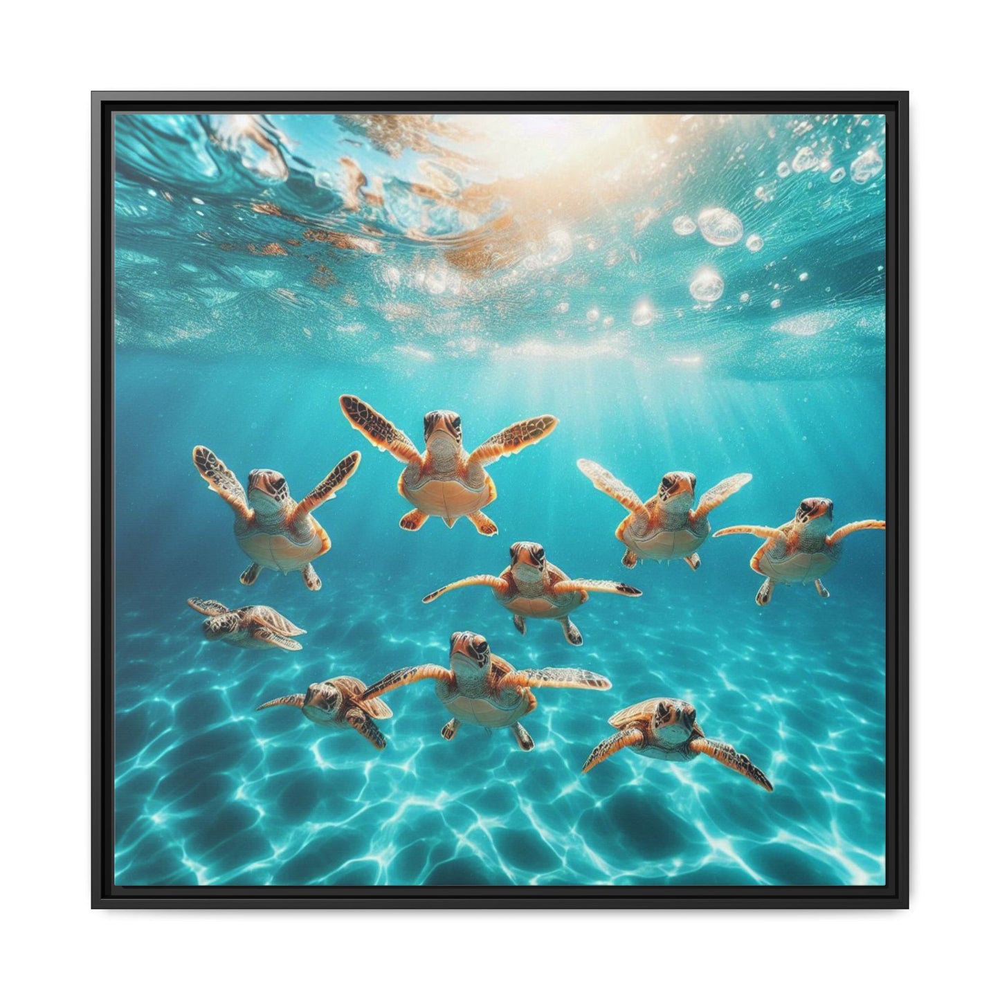 Baby Sea Turtles Out for a Swim Framed Canvas Wall Art Beach Lover Vacation Oceanic Gift Nature Lover Peaceful Zen Gift 3 frame colors