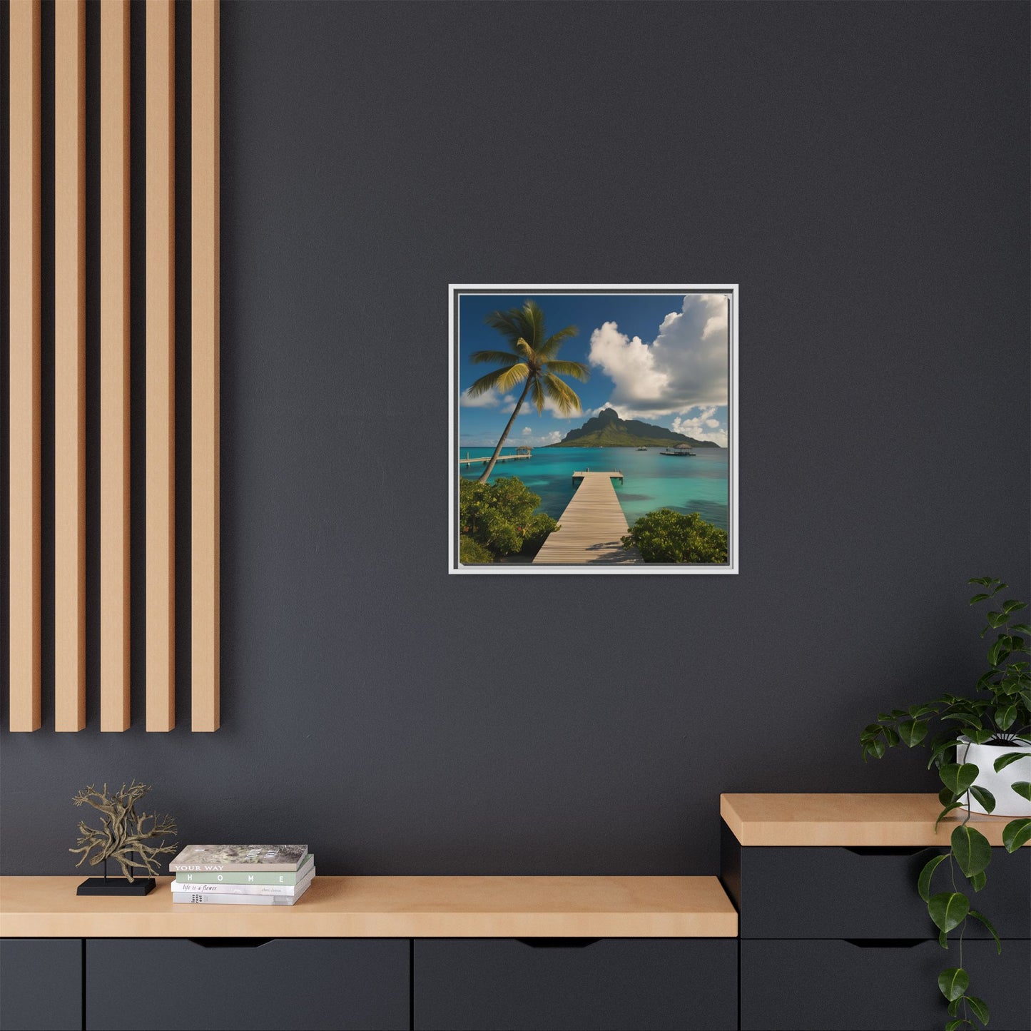 Tropical Island Calm Sunny Day Framed Canvas Wall Art Volcano Beach Vacation Oceanic Gift Nature Lover Peaceful Zen Gift 3 frame colors