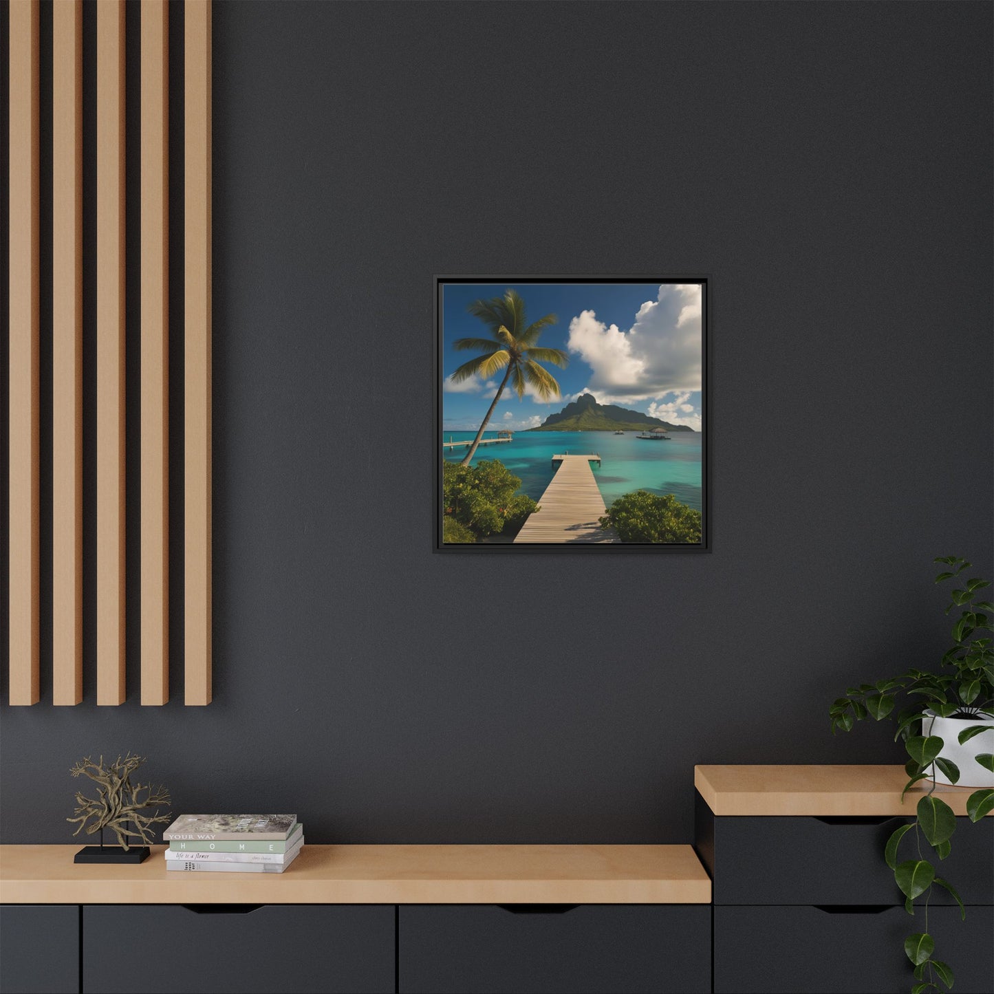 Tropical Island Calm Sunny Day Framed Canvas Wall Art Volcano Beach Vacation Oceanic Gift Nature Lover Peaceful Zen Gift 3 frame colors