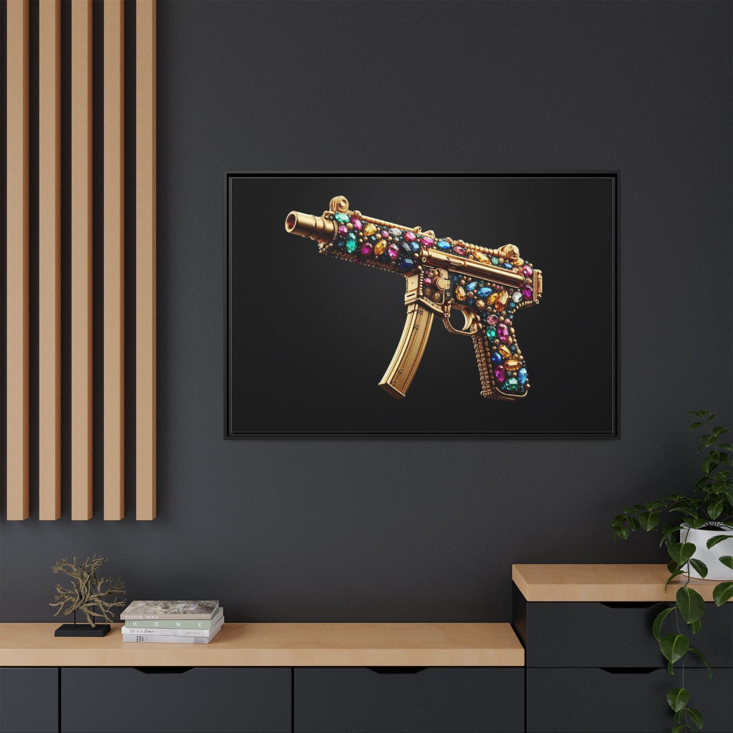 Bejeweled Machine Gun Print AI Design Unique Framed Canvas Print Wall Art Gun Lover Gift Edgy Glam Fantasy Weapon Decor 3 frame colors