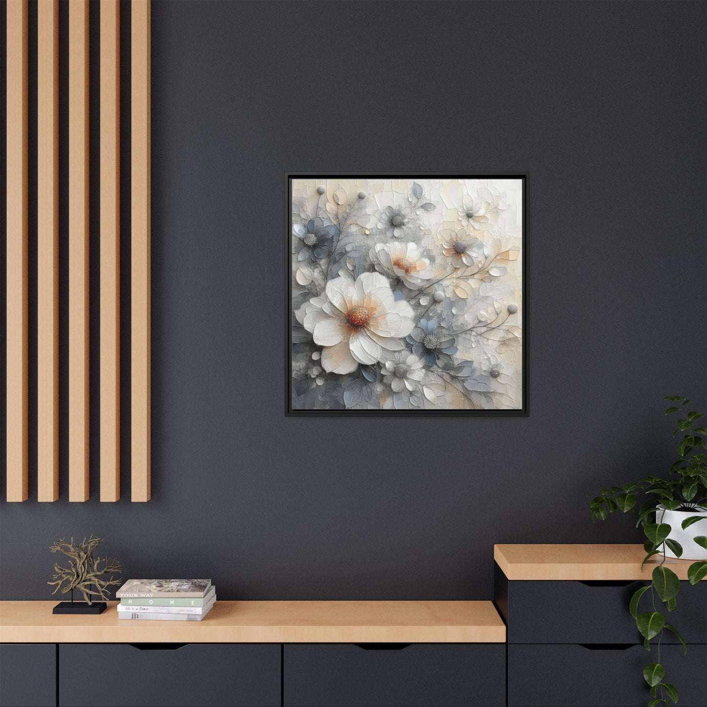 Modern Grey and White Floral Design Unique Framed Canvas Wall Art Flower Lover Gift Nature Lover Gift 3 frame colors