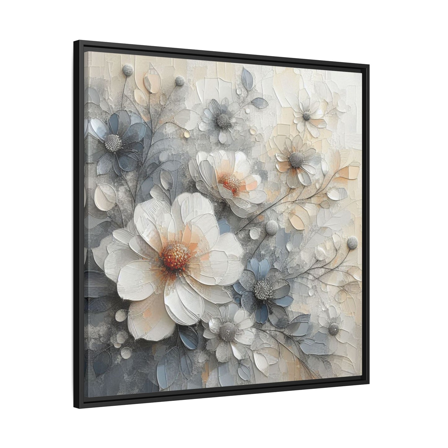 Modern Grey and White Floral Design Unique Framed Canvas Wall Art Flower Lover Gift Nature Lover Gift 3 frame colors