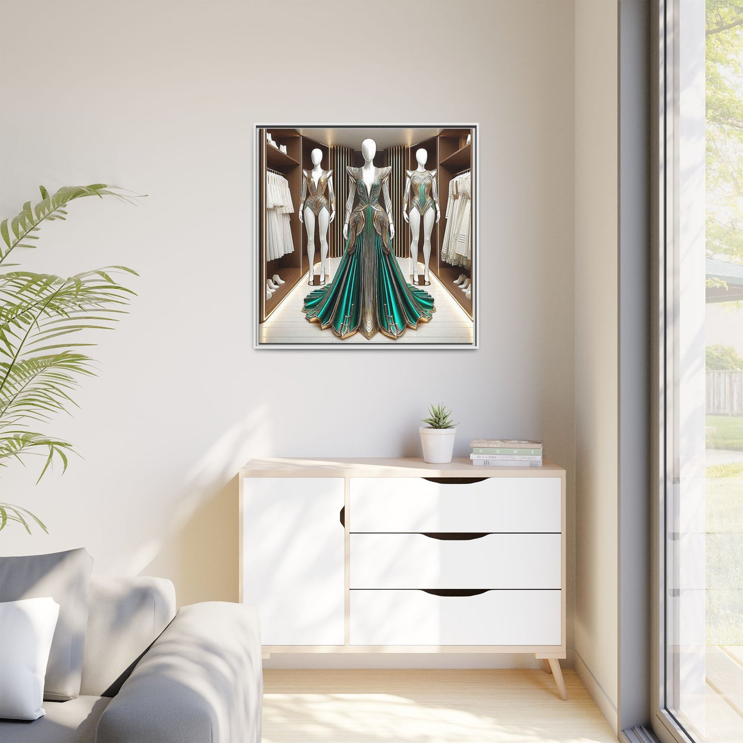 Futuristic Bodycon Runway Dress Framed Canvas Print Wall Art Unique Fashion Designer Style Haute Couture Fashionista Gift 3 Frame Colors