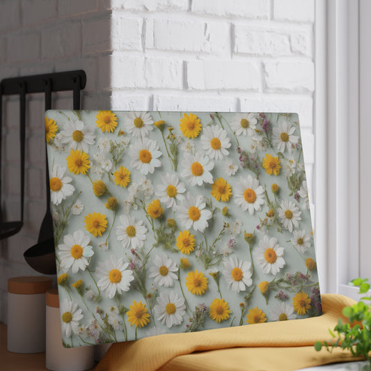 Kitchen Decor Glass Cutting Board Serving Tray with Daisies Design Cutting Board Gift for Home Cook Pressed Flowers Charcuterie Board