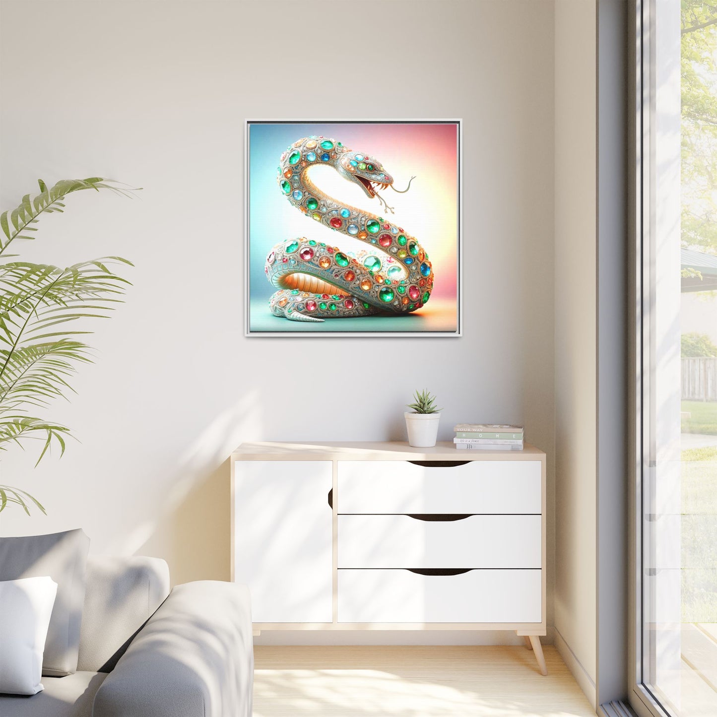 Bejeweled Snake Framed Canvas Print Wall Art Unique Fashion Designer Haute Couture Fashionista Animal Lover Gift Decor 3 Frame Colors