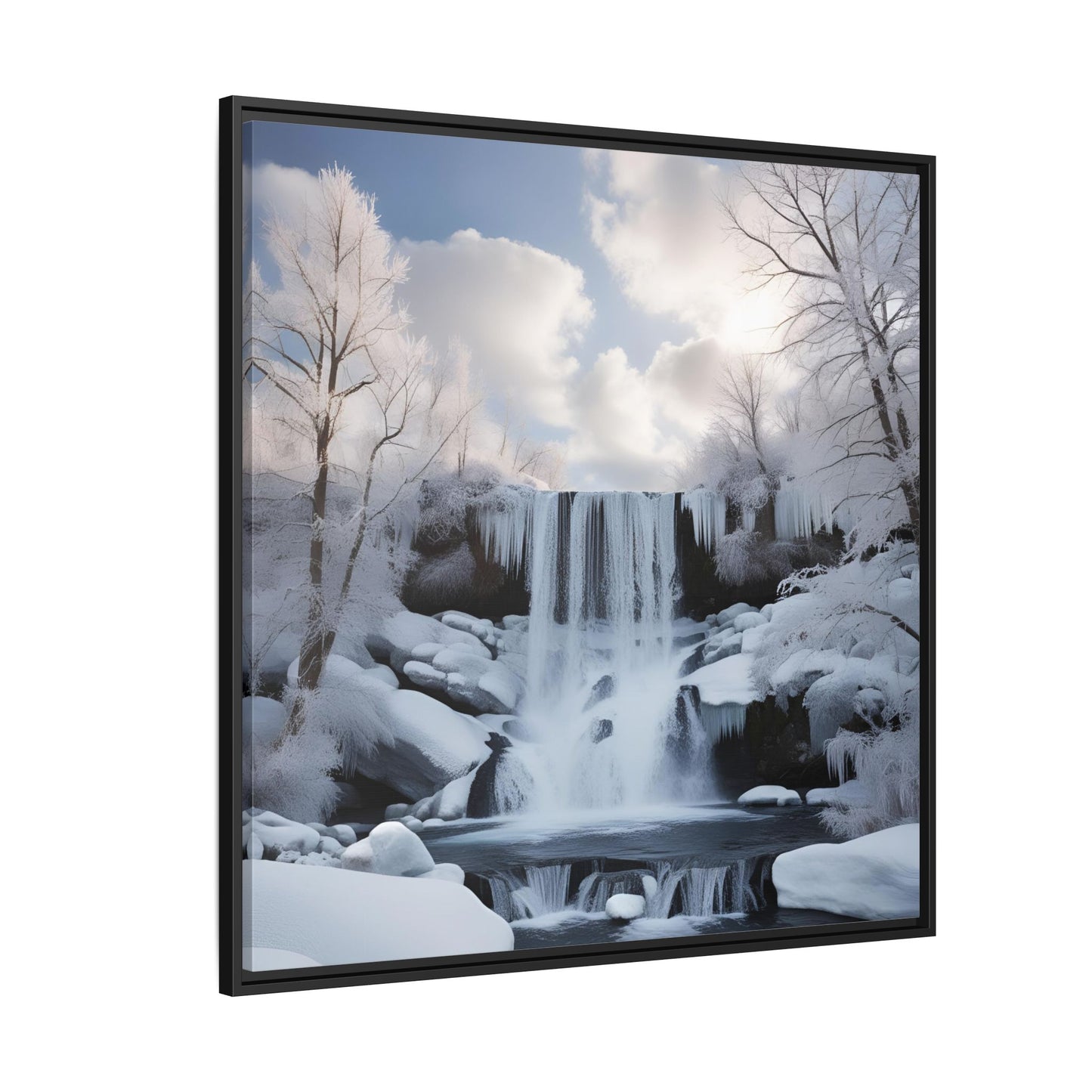 Modern Snowy Waterfall Design Unique Framed Canvas Wall Art Winter Scene Nature Lover Gift Mountain Landscape Decor Gift 3 frame colors