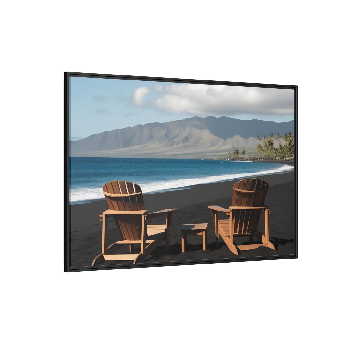 Chairs on the Maui Black Sand Beach Print Unique Framed Canvas Print Wall Art Gift Beachy Nature Lover Ocean Waves Decor 3 frame colors