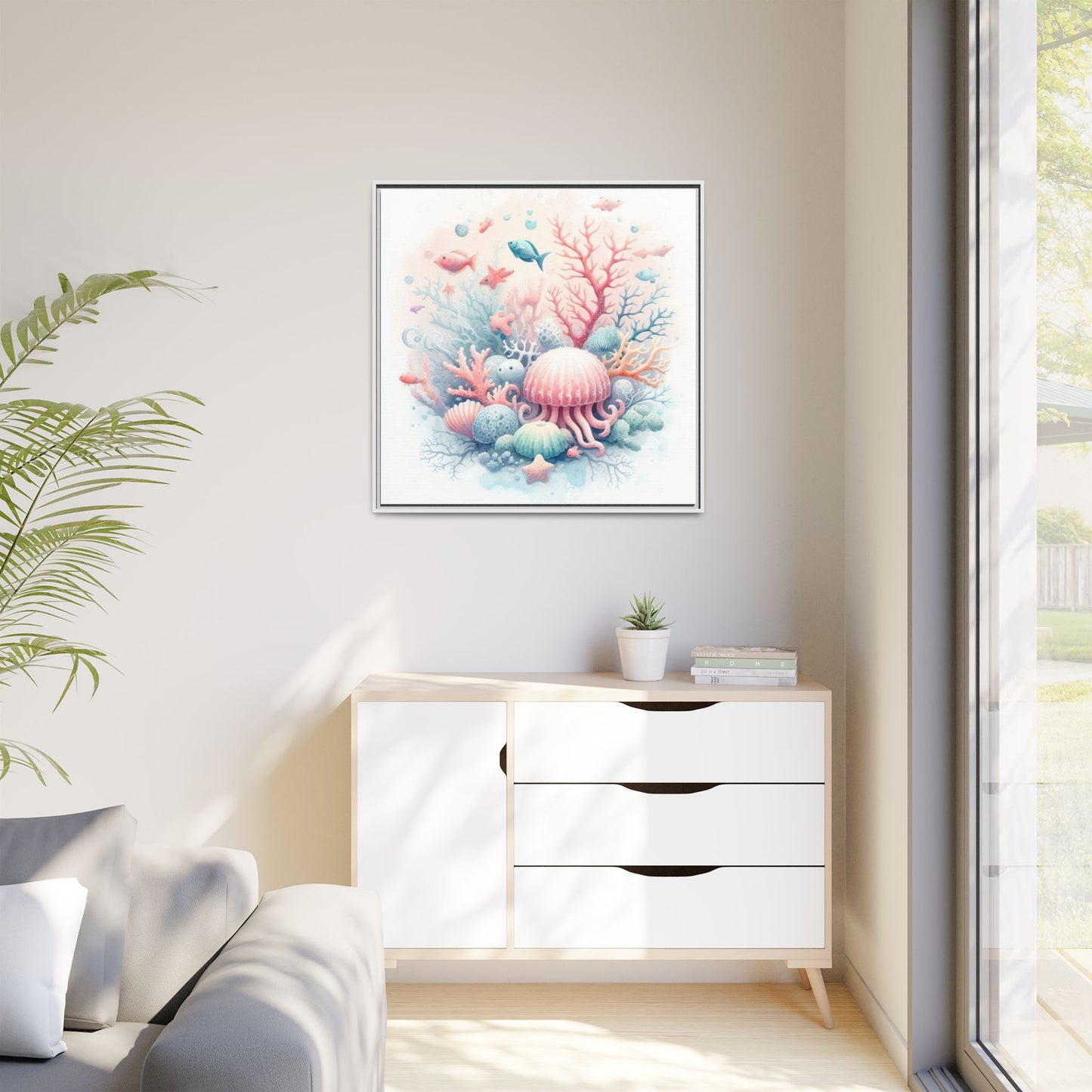 Whimsical Nursery Decor Pastel Underwater Design Unique Sweet Baby Room Framed Canvas Ocean Fish Print Unisex Baby Shower Sea Urchin Gift