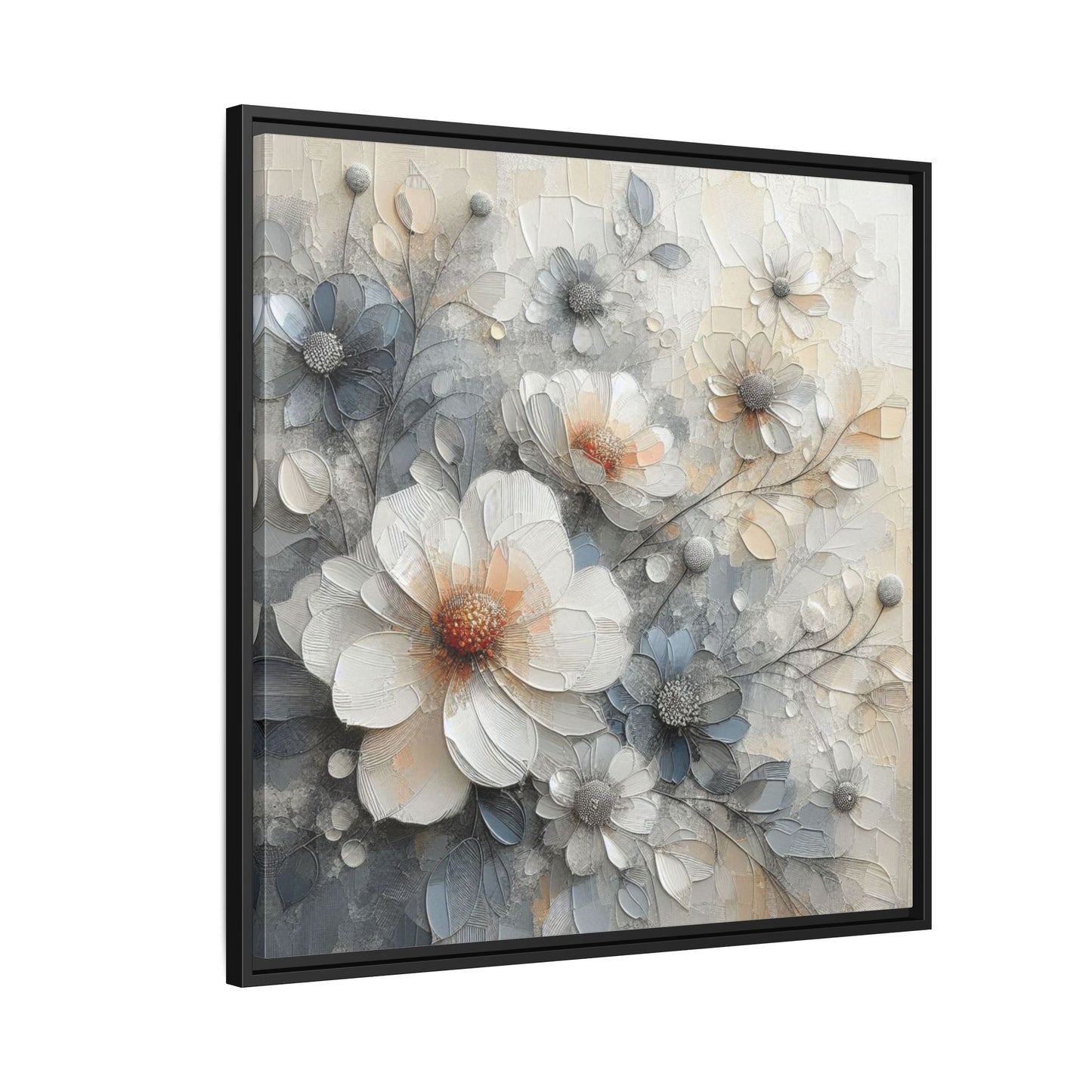 Modern Grey and White Floral Design Unique Framed Canvas Wall Art Flower Lover Gift Nature Lover Gift 3 frame colors