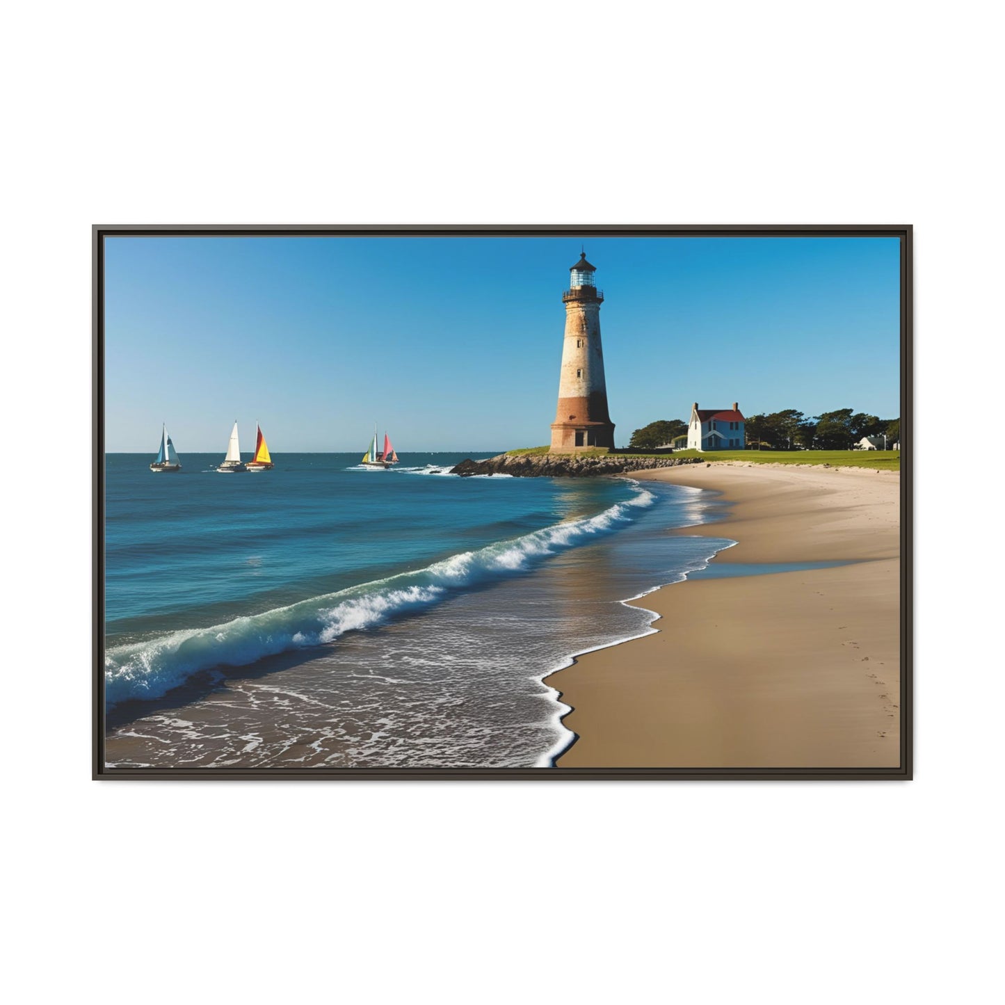 Lighthouse on the Beach Unique Framed Canvas Print Wall Art Nature Lover Gift Beachy Sailboats in the Ocean Vacation Decor 3 frame colors