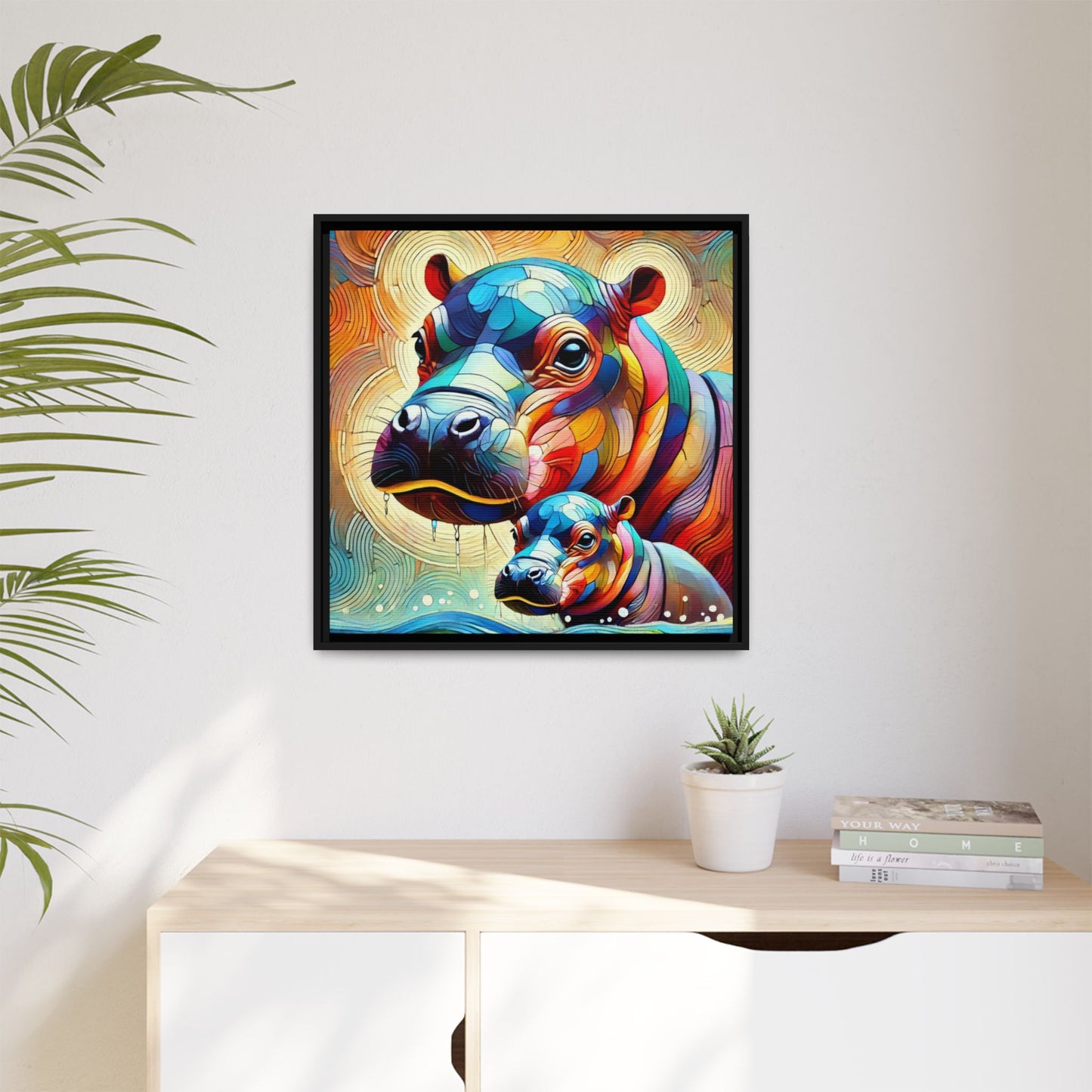 Modern Hippo Print Abstract Design Unique Framed Canvas Print Baby Hippo Wall Art Animal Lover Gift Nature Lover Decor 3 frame colors